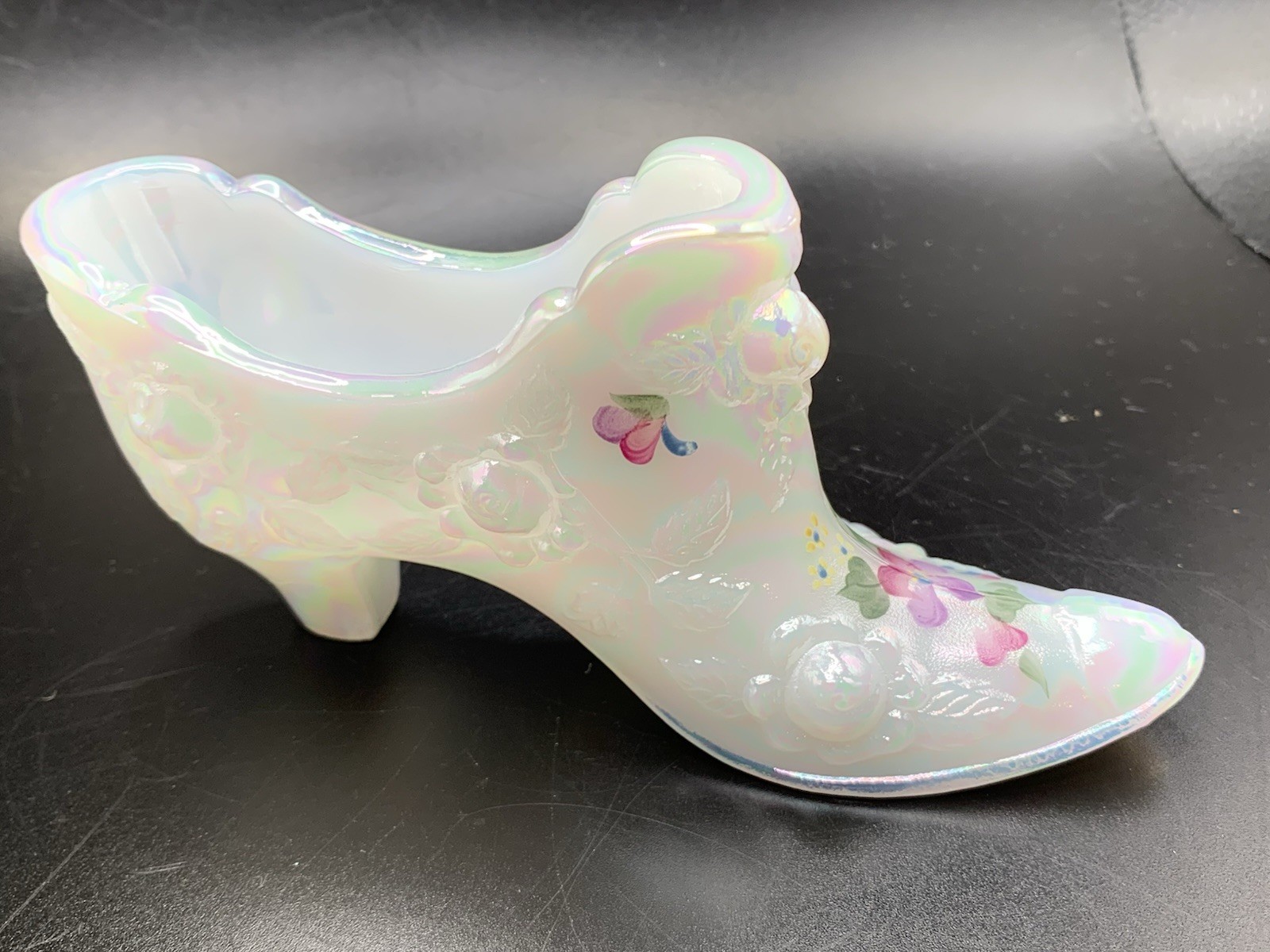 Fenton Hand Painted White Opalescent Glass Shoe Signed Cabbage Rose M Wagner