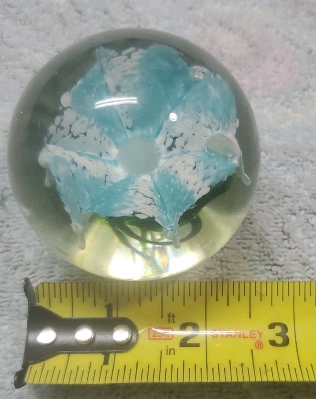Hand Blown Glass Paperweight Blue And White Flowers With Green Signed By Artist