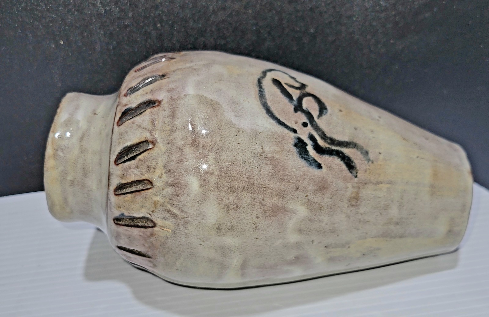 Handmade Studio Art Pottery Vase, Prehistoric Style Design Cave Drawings Signed