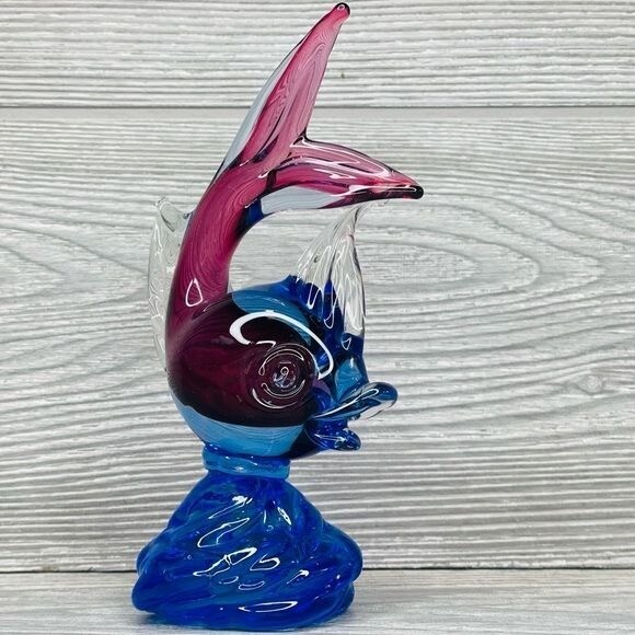 Murano Venetian red and blue blown glass jumping fish decoration figurine statue