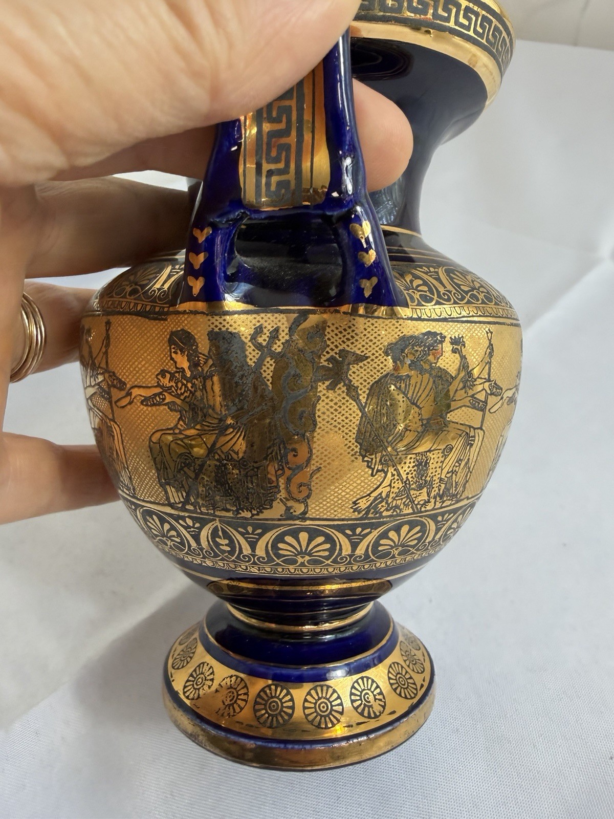 Greek Style Amphora Vase Cobalt Blue Gold Urn Classical Warriors 7” Decorative
