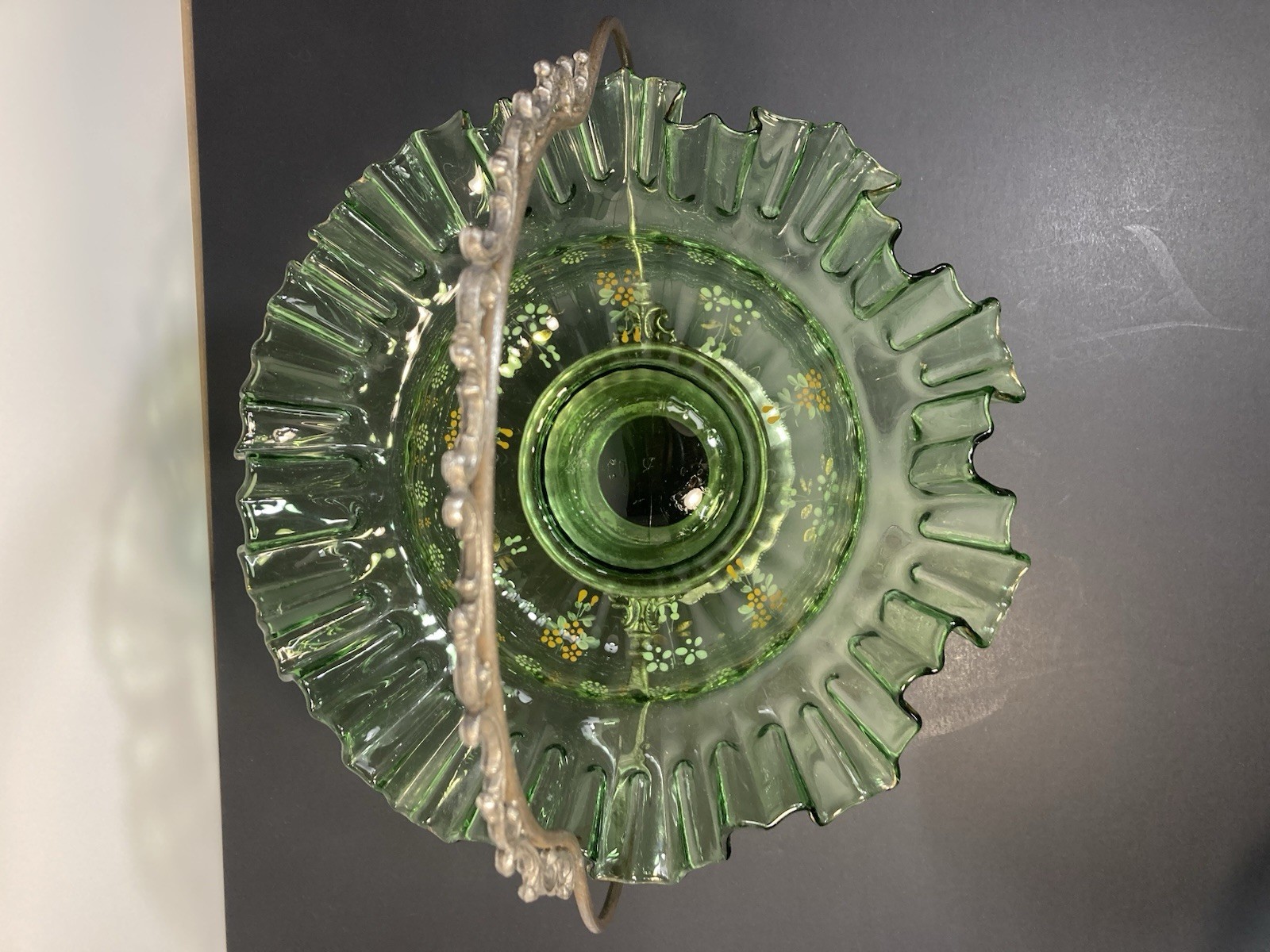 Victorian Brides Bowl/Green With Metal Stand & Enameled Flowers & Ruffled Edges