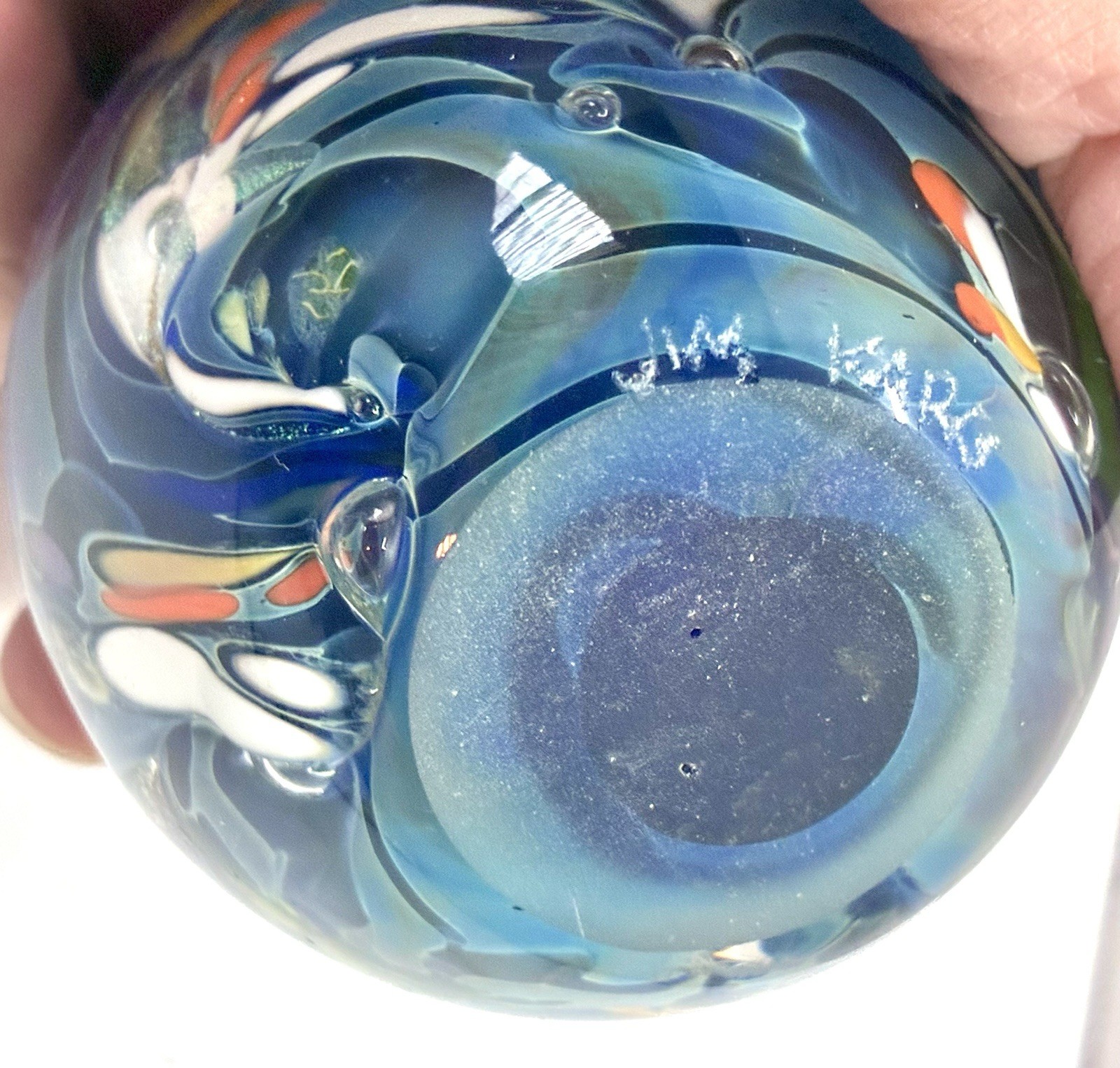 Signed Jim Karg Colorful Art Glass Paperweight Vintage