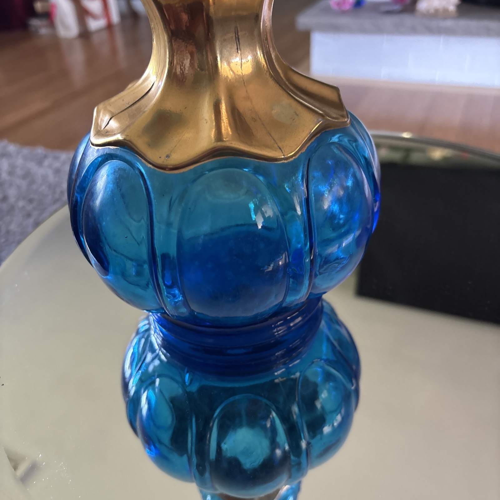 Vintage Teal Blue and Gold Genie Bottle Vase 10 Inches Tall
