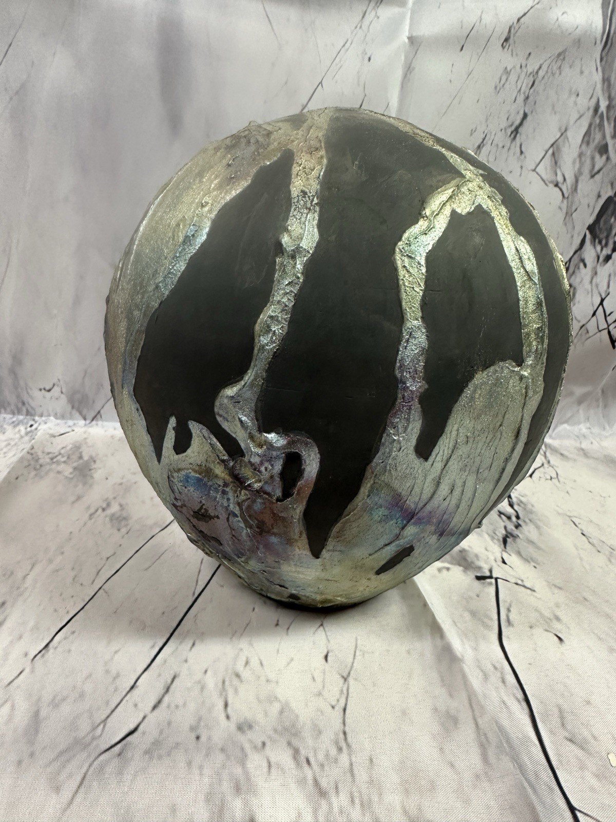 Handmade Raku Pottery Sphere Vase Sculptural Art Ball Black Gold 8in