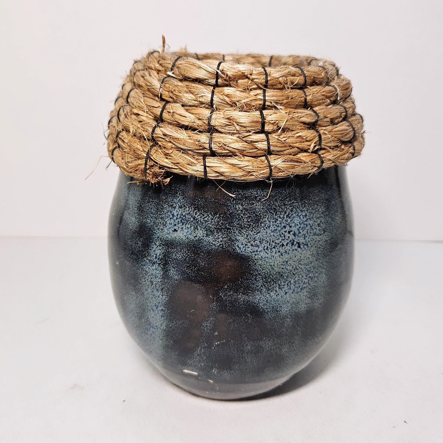 Dark Blue Egg Shaped Braided Rim Studio Pottery Vase Stamped HP