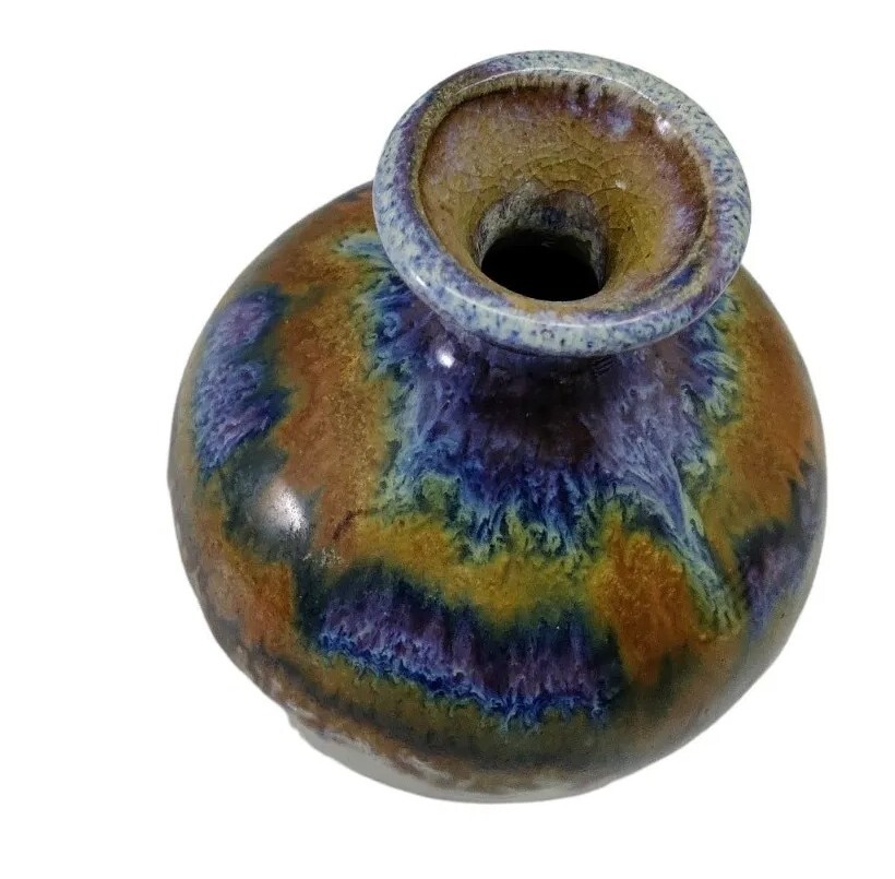 Studio Art Pottery Modern Flambe Bud Vase Pot Purple Brown Signed