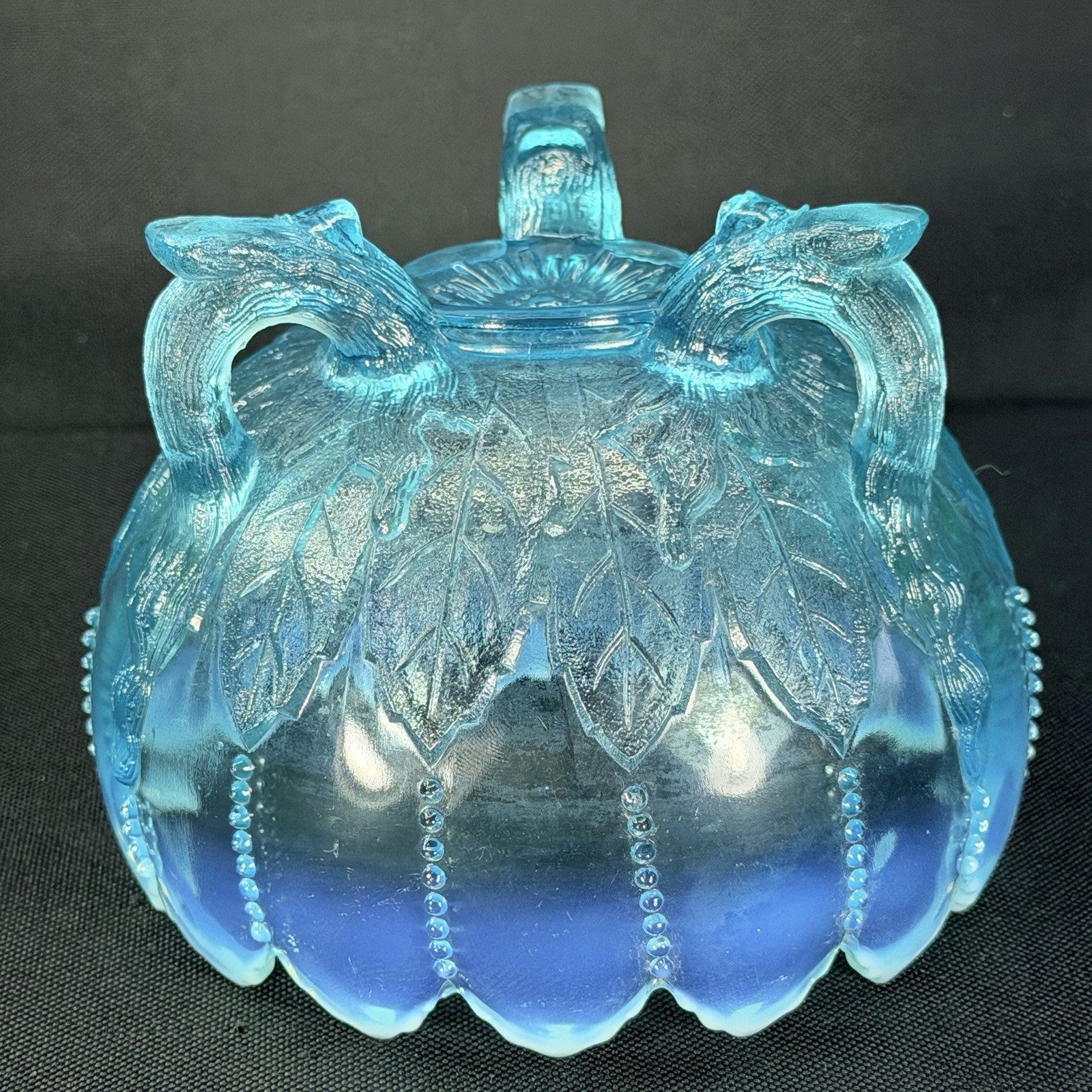 Northwood Blue Opalescent Glass Three Footed Rose Bowl Leaf And Beads Pattern
