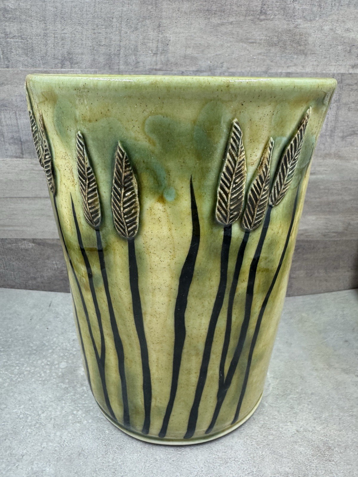 Art Studio Pottery Vase 7” Ribbed Wheat Grass Green Drip Glaze Signed Pottery
