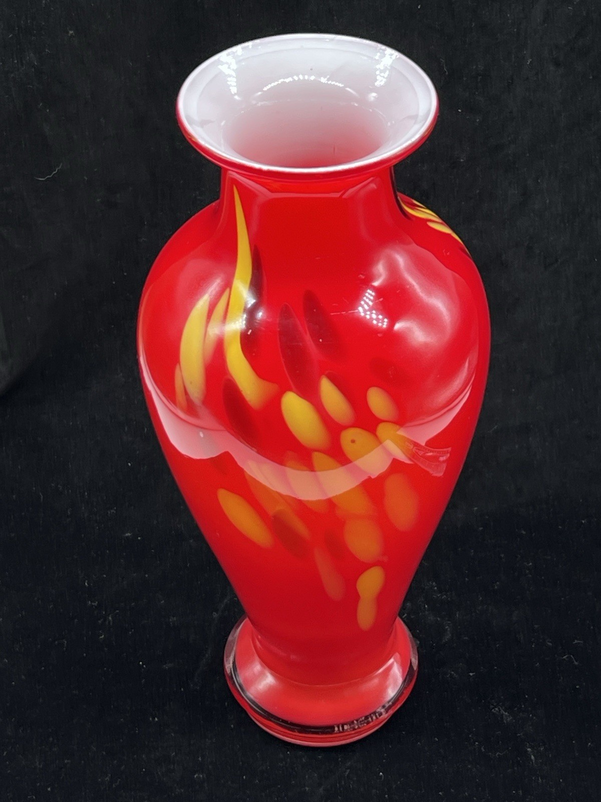 Bright Red Blown Glass Vase With Mottled Design—12.5”