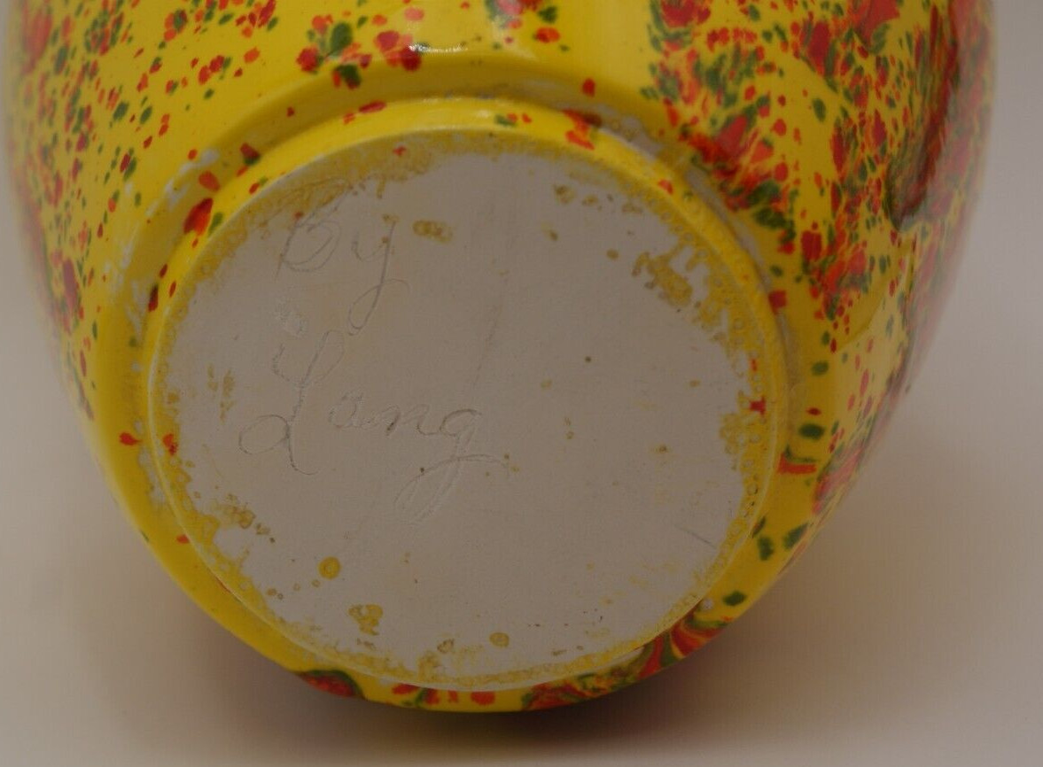 1976 Duncan Enterprises MCM Vase signed Lang 10″ tall yellow, red, green