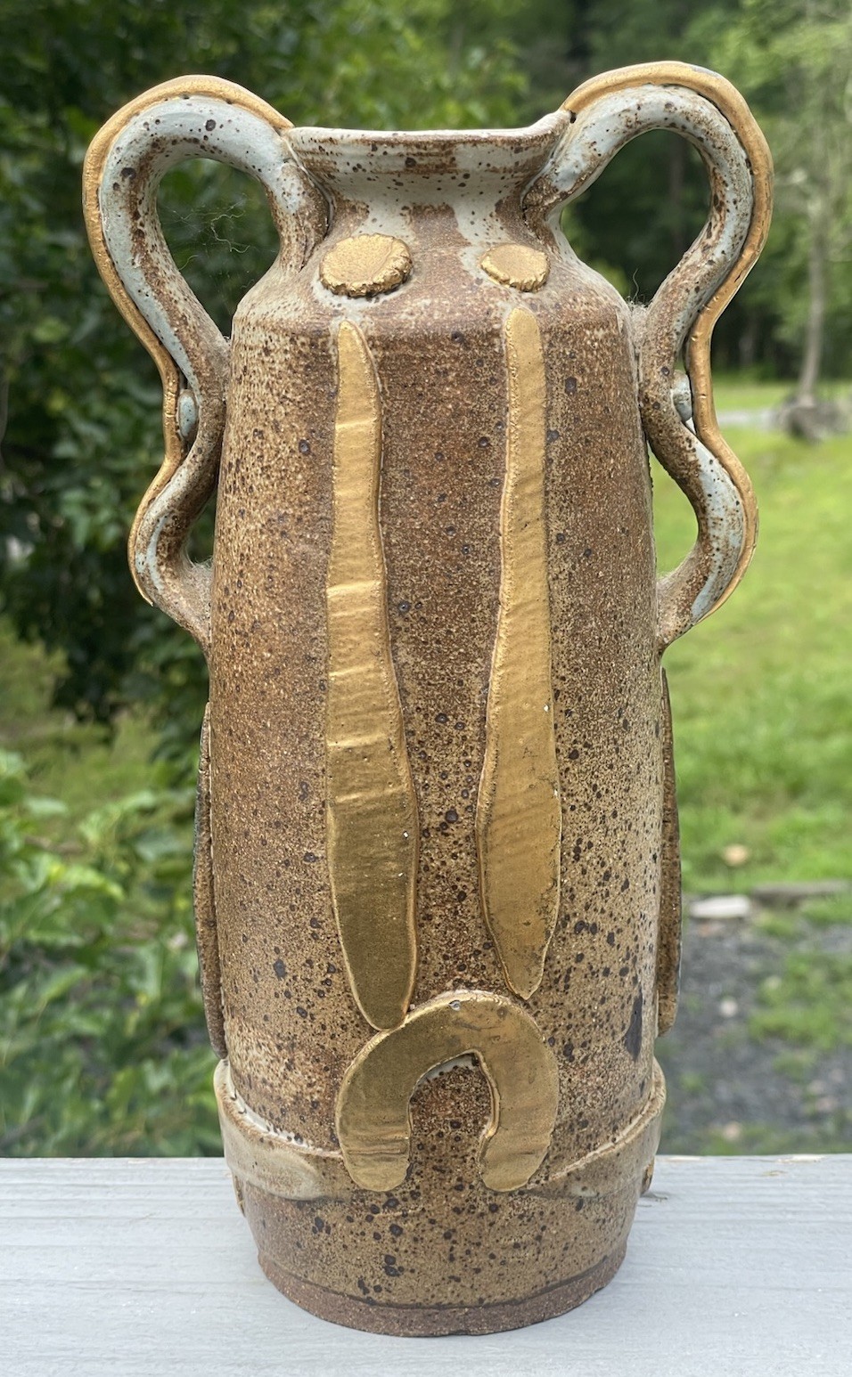 Vintage 20th C. Art Nouveau Style Stoneware Studio Abstract Pottery Handled Vase