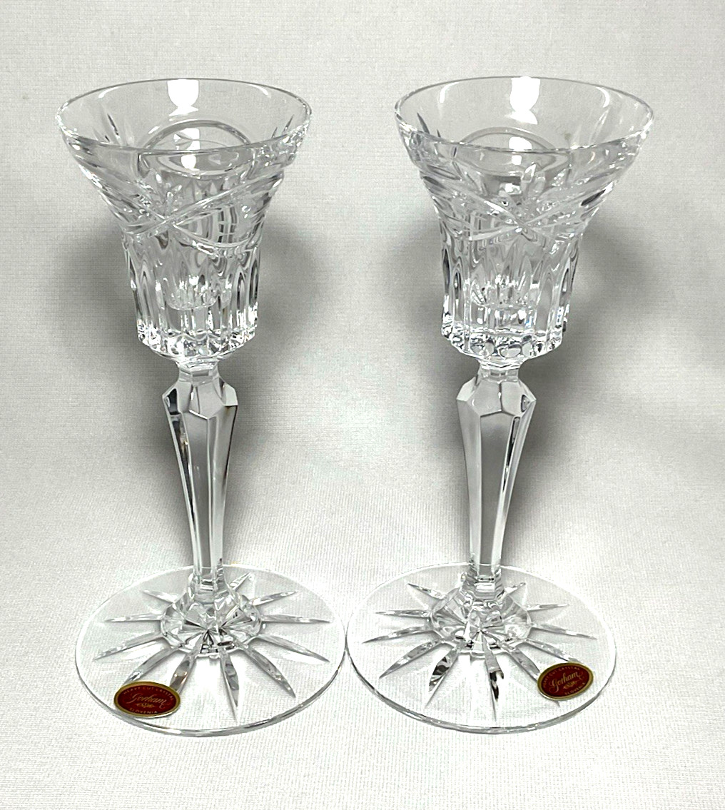 GORHAM ~ Pair of Single Light 6-3/8″ Crystal CANDLESTICKS (Victorias Garden)