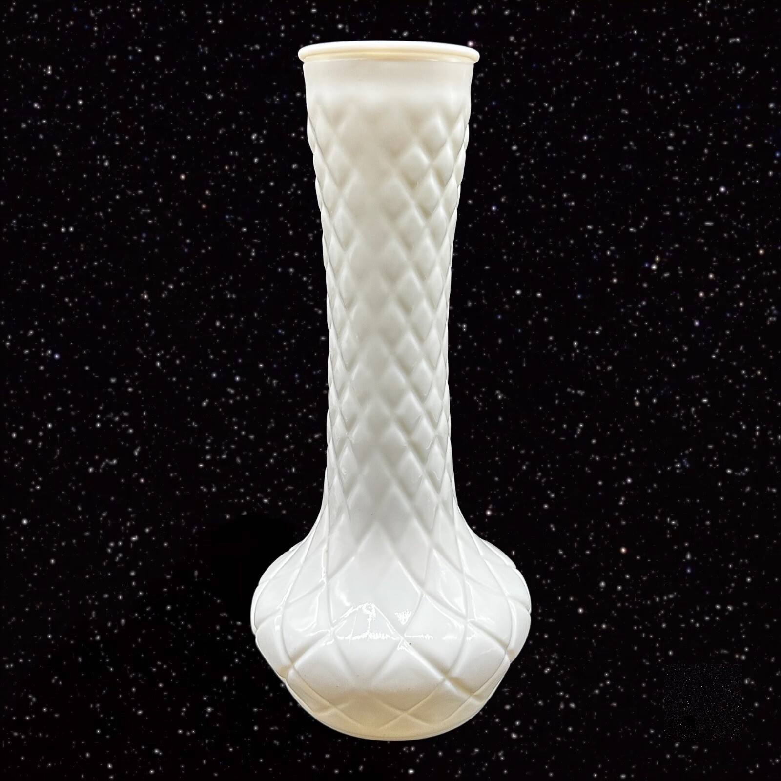 Vintage Hoosier Glass Milk Glass Quilted Pattern Flower Bud Vase 9”T 2”W