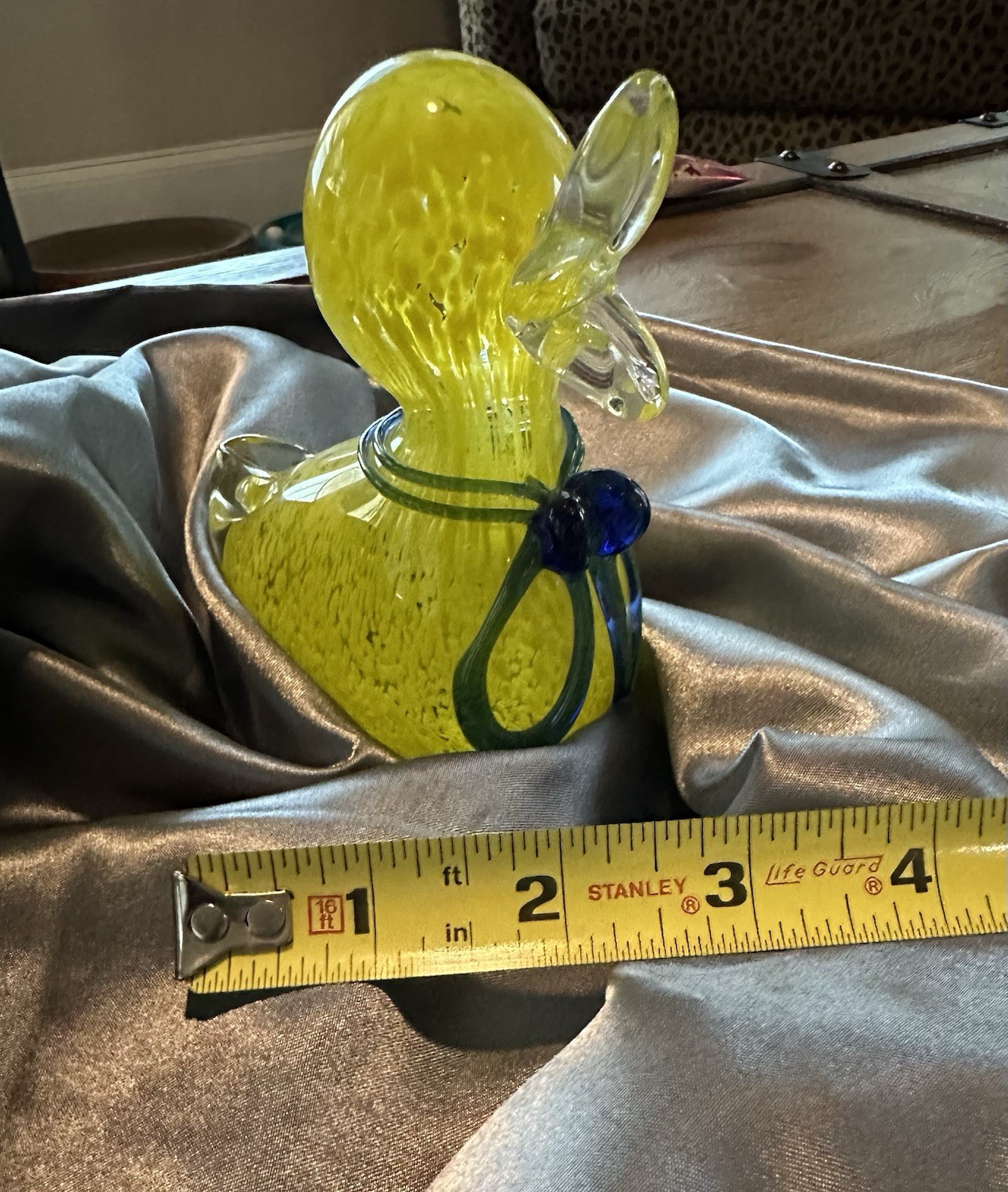 Yellow Glass Duck Figurine Glossy Glass Animal Decor 5″ Tall 4″ Wide