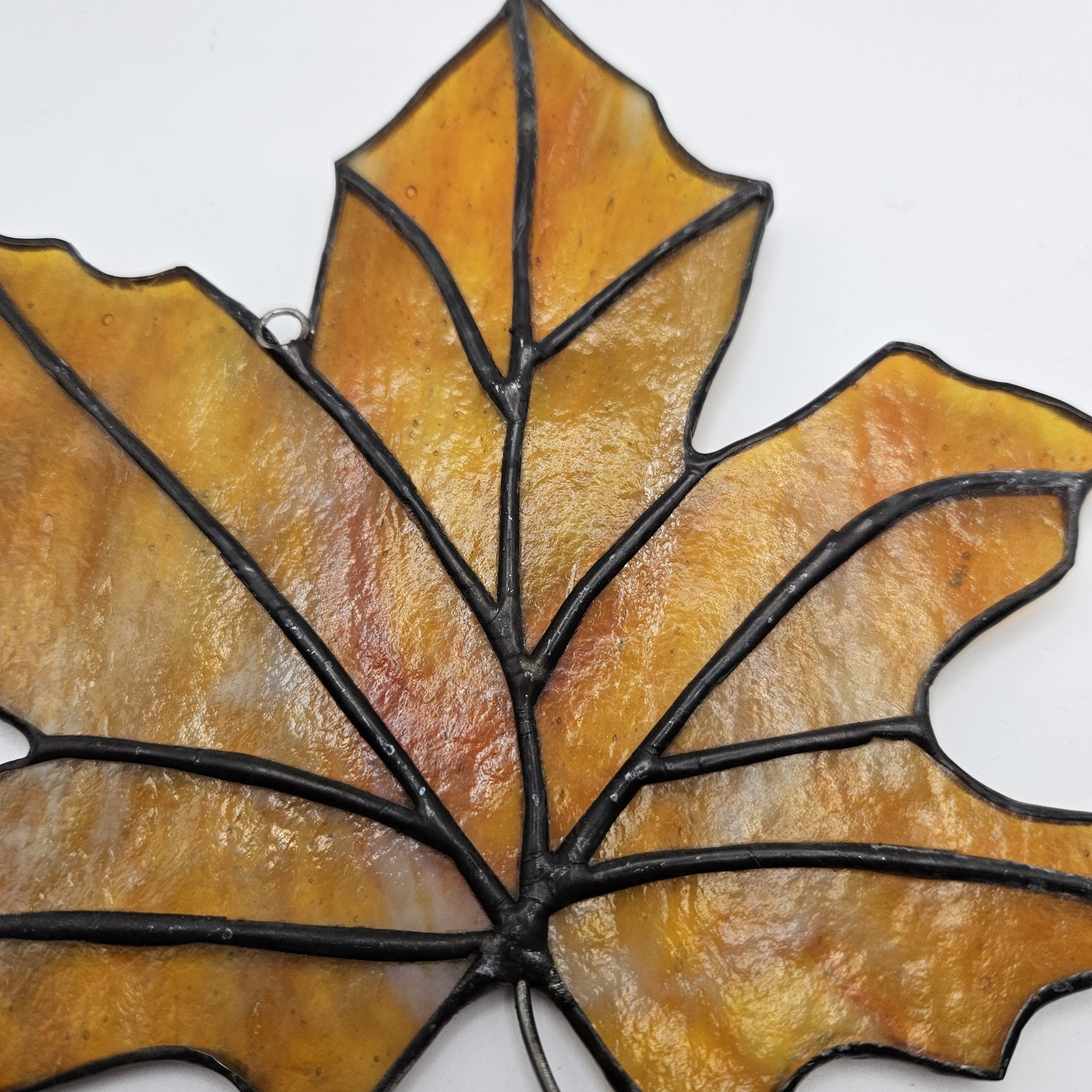 Hand-Crafted Stained Glass Art Glass Gold/Orange Maple Leaf with Hanging Loop 6”