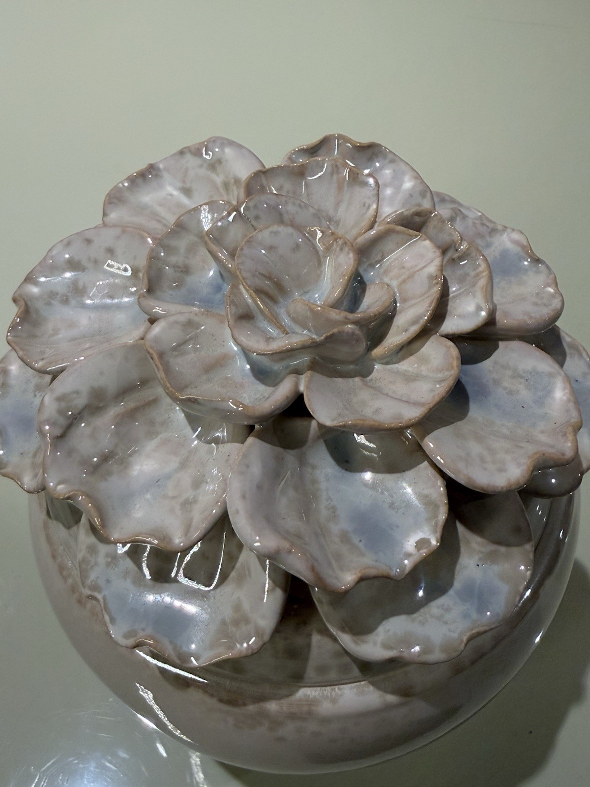 Handcrafted 7” DAHLIA Flower Ivory Iridescent Glossy Ceramic Petals JAR w/ LID