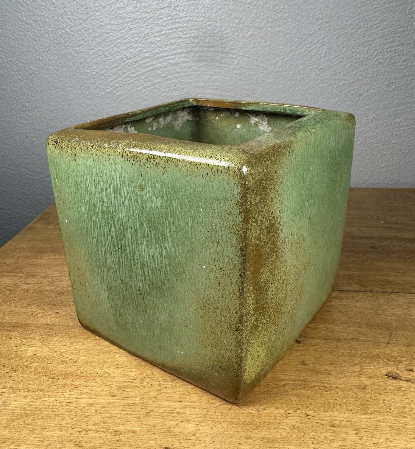 Vintage Frankoma Pottery #68 Green Prarie Ceramic 4.25″ Cube Vase READ