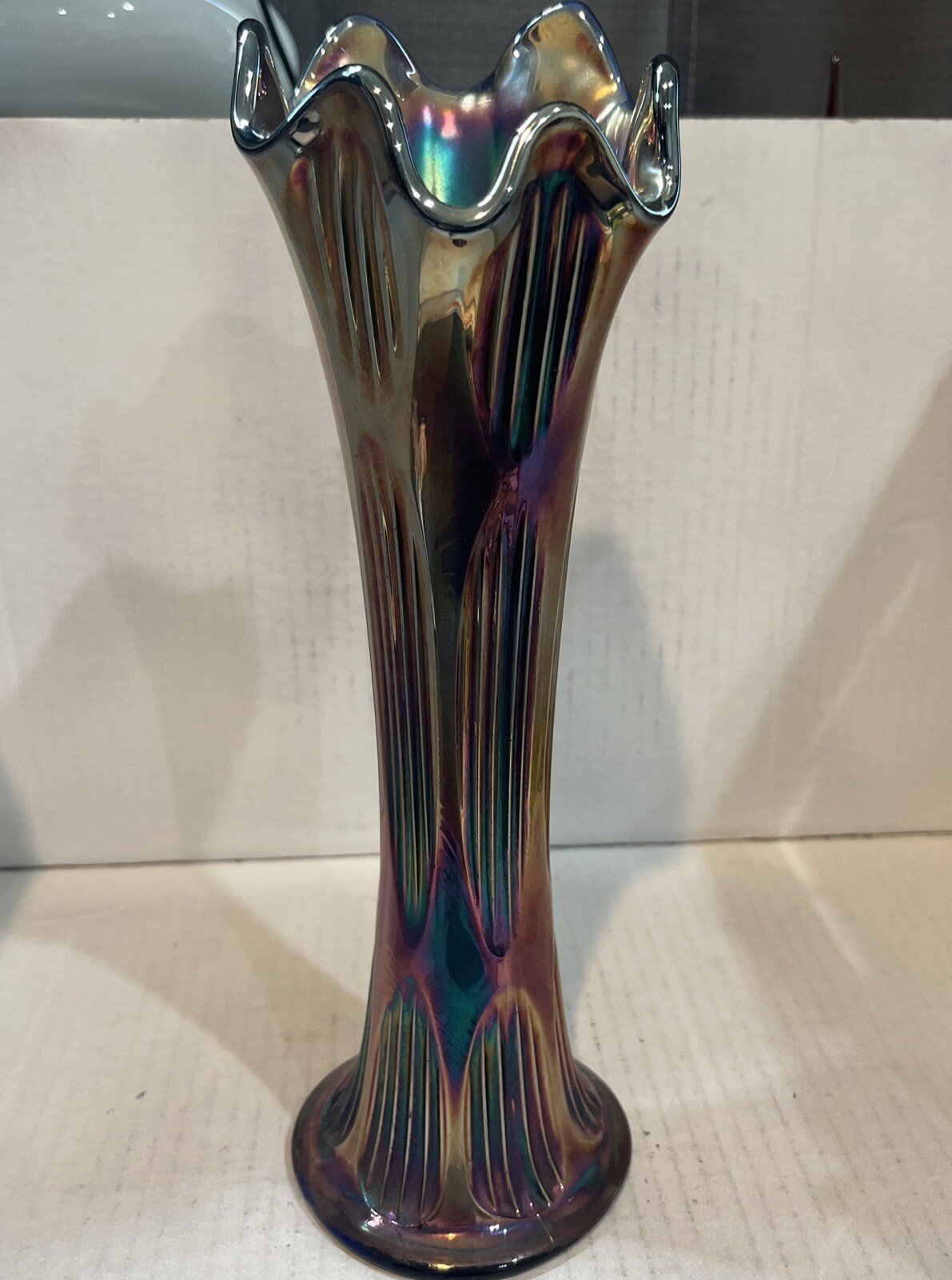 Vintage Fenton Diamond & Rib Cobalt Blue Carnival Glass Swung Vase Apprx 10 3/4”