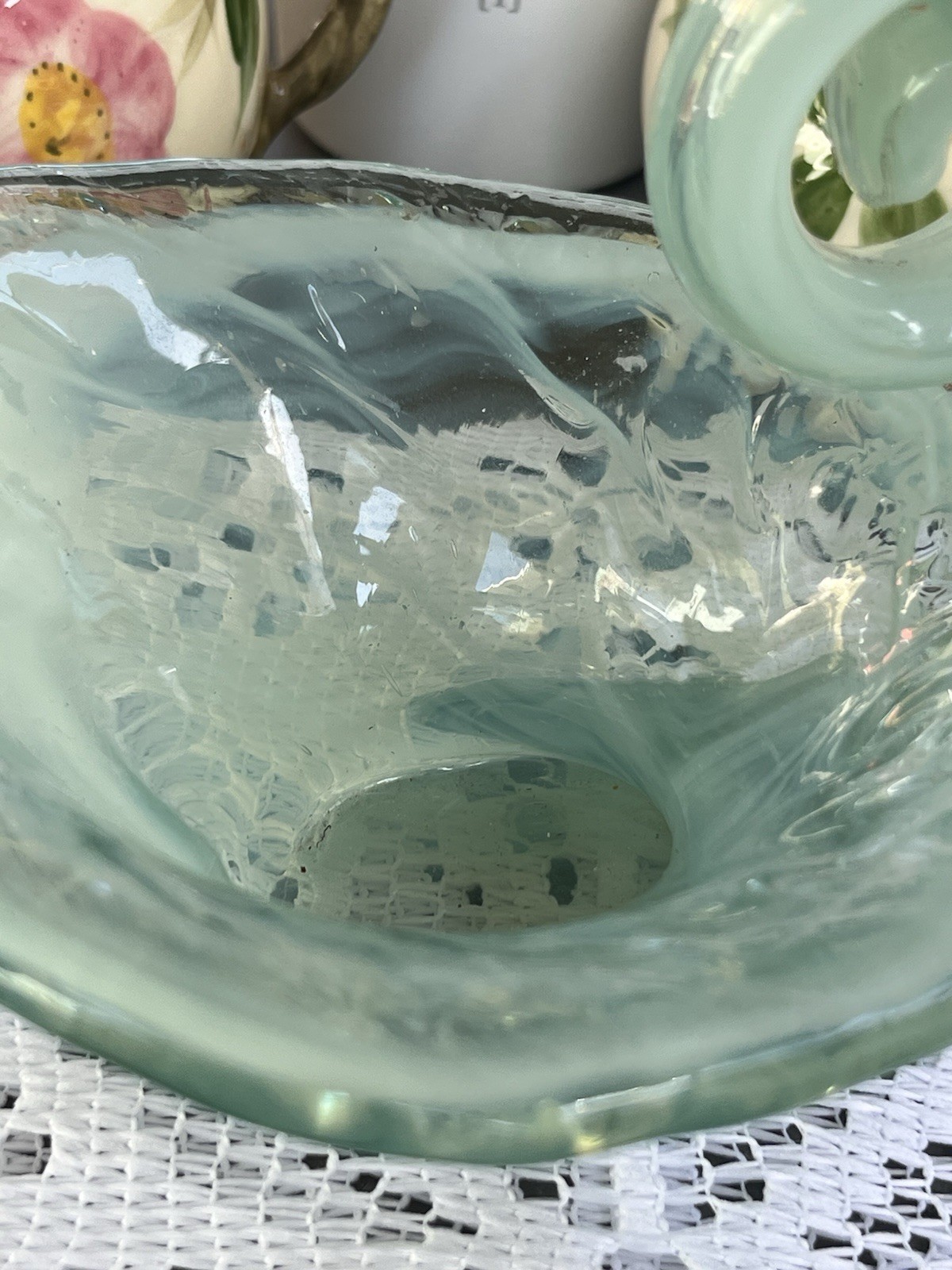 Light Green Hand Blown Milk Glass Cornucopia Basket Curved Shape Decorative