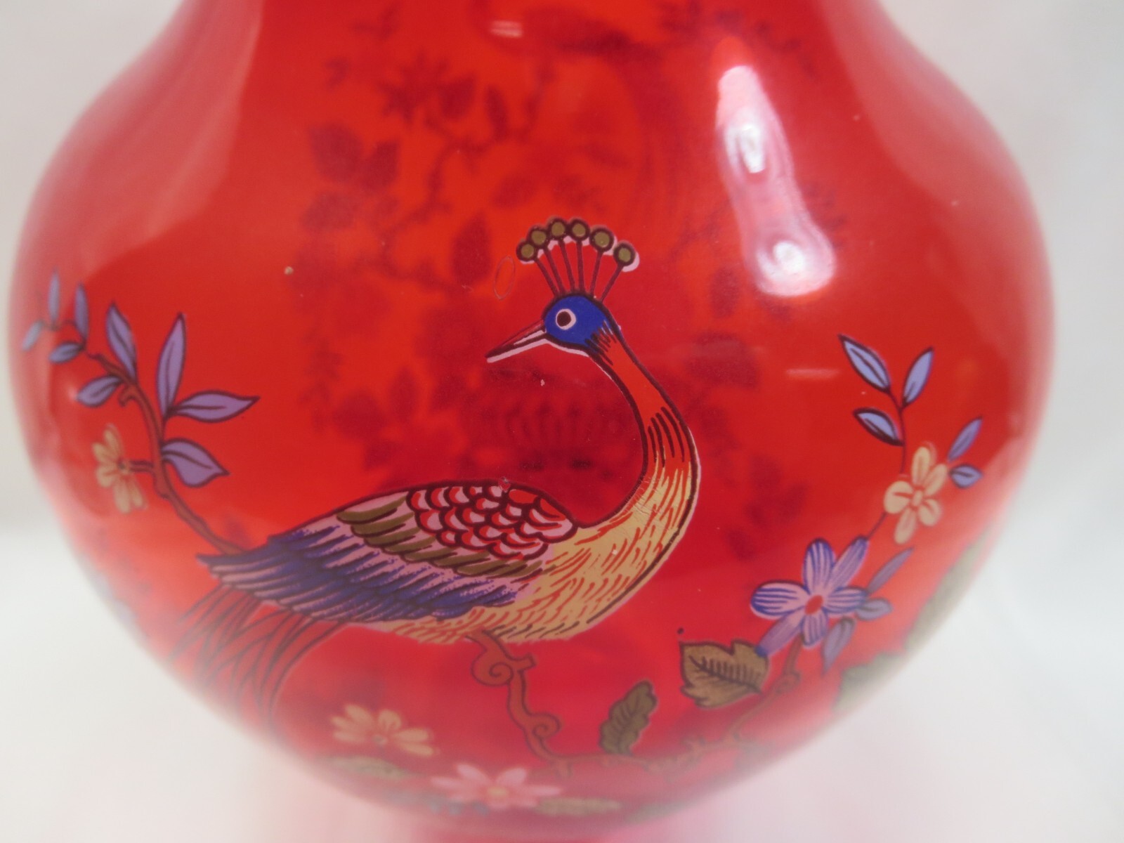 Gorgeous Vintage Norleans Red Ruby Glass 10 Inch Flower Vase Peacock and Flowers