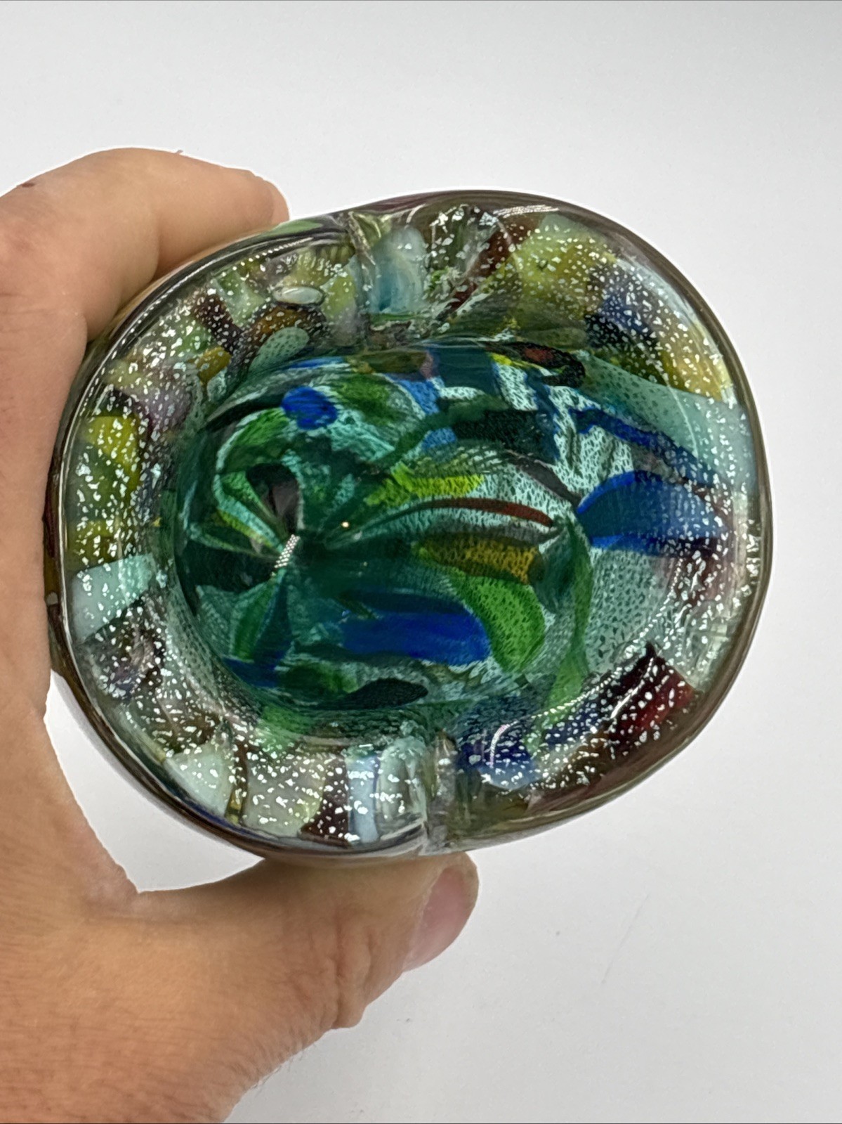 Murano Glass Small Vase “Tutti Frutti” Dino Martens 3-1/4” T. Triangular As Is