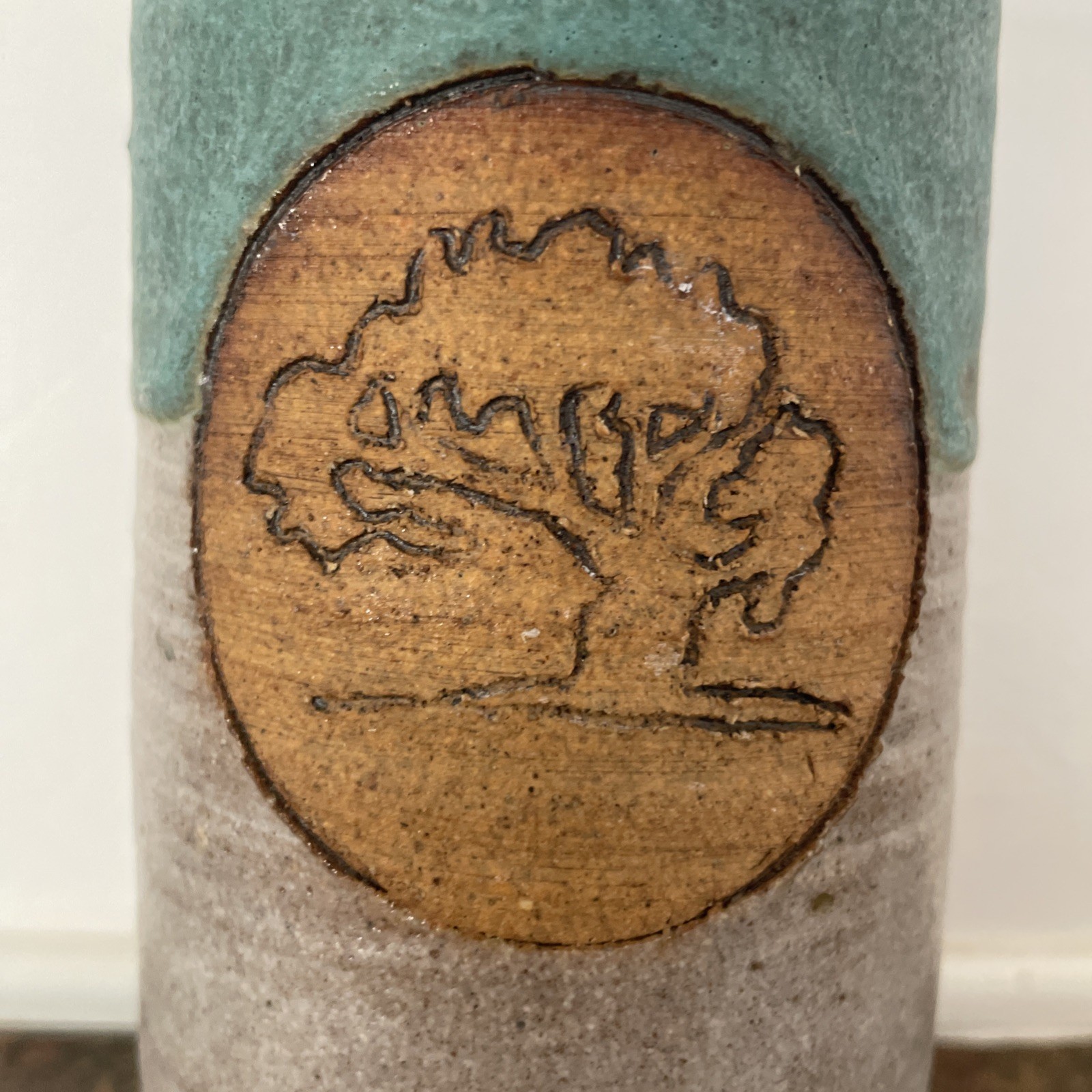 Vintage 6.5×3.5″ Hand Thrown Studio Art Pottery Vase signed w Etched Tree