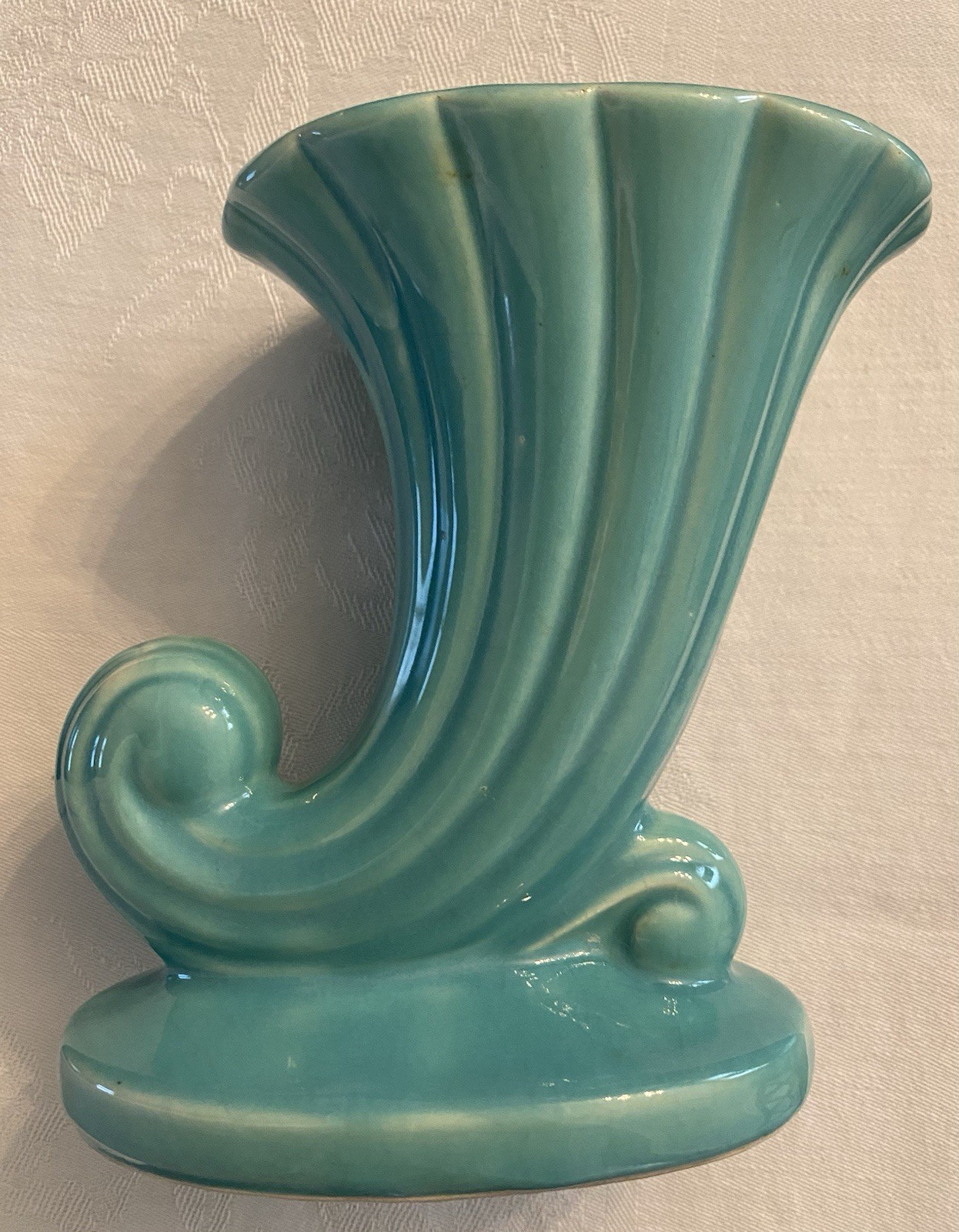 Vintage Shawnee USA Turquoise Cornucopia Vase Art Pottery Fluted Planter 6.5”