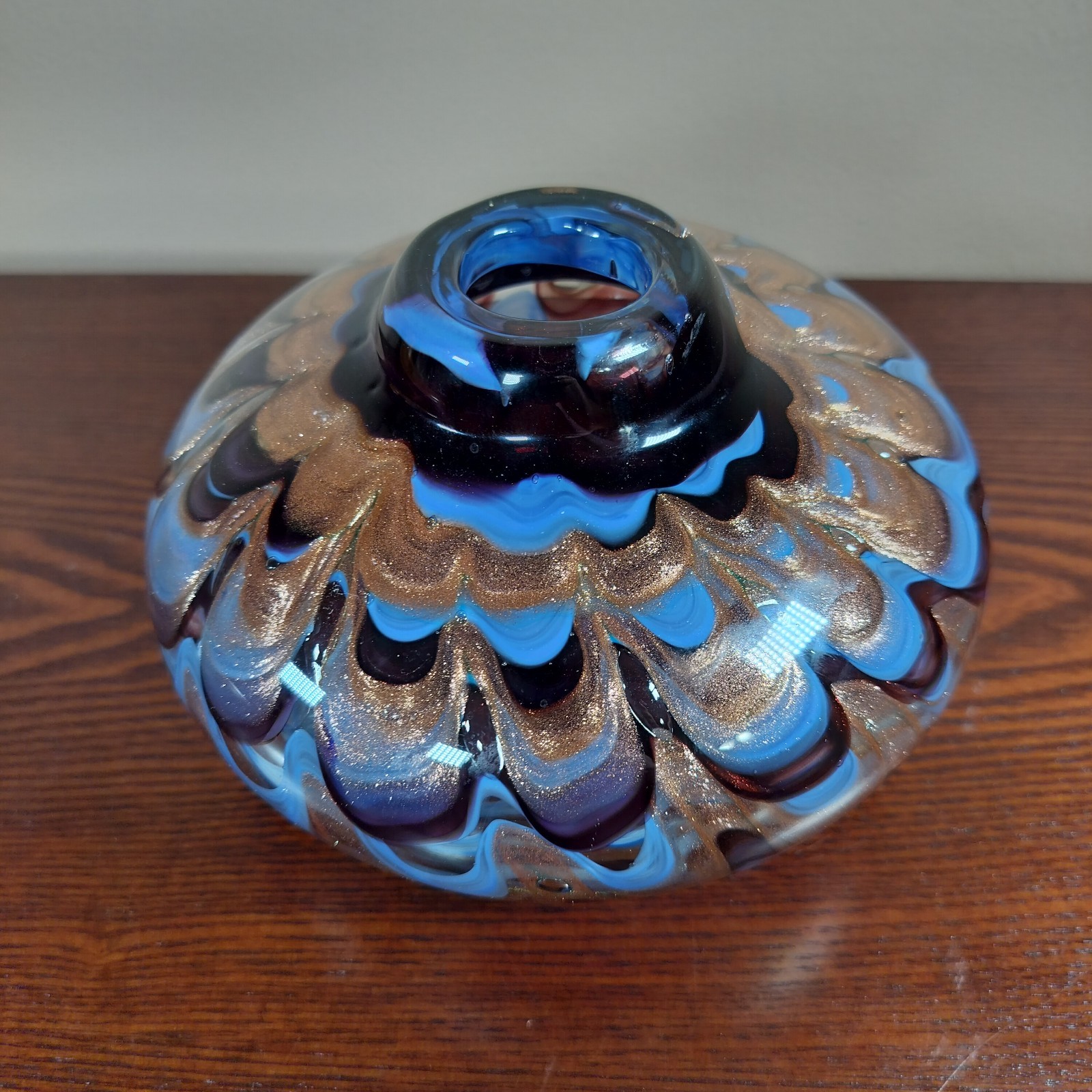 Dale Tiffany Favrile Style Metallic Shimmery Copper & Blue Hand Blown Glass Vase