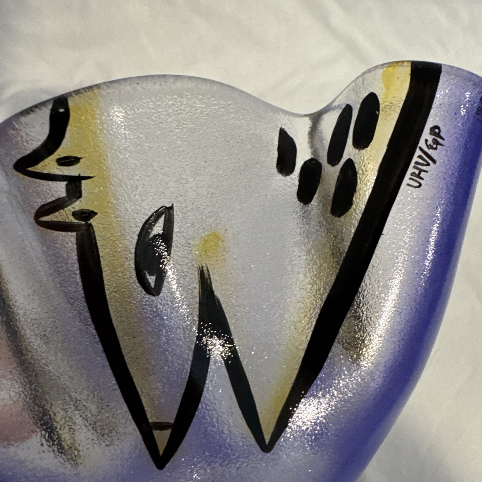 Kosta Boda Ulrica Hydman Vallien Blue Yellow Dog Puppy Vase 1990s Signed
