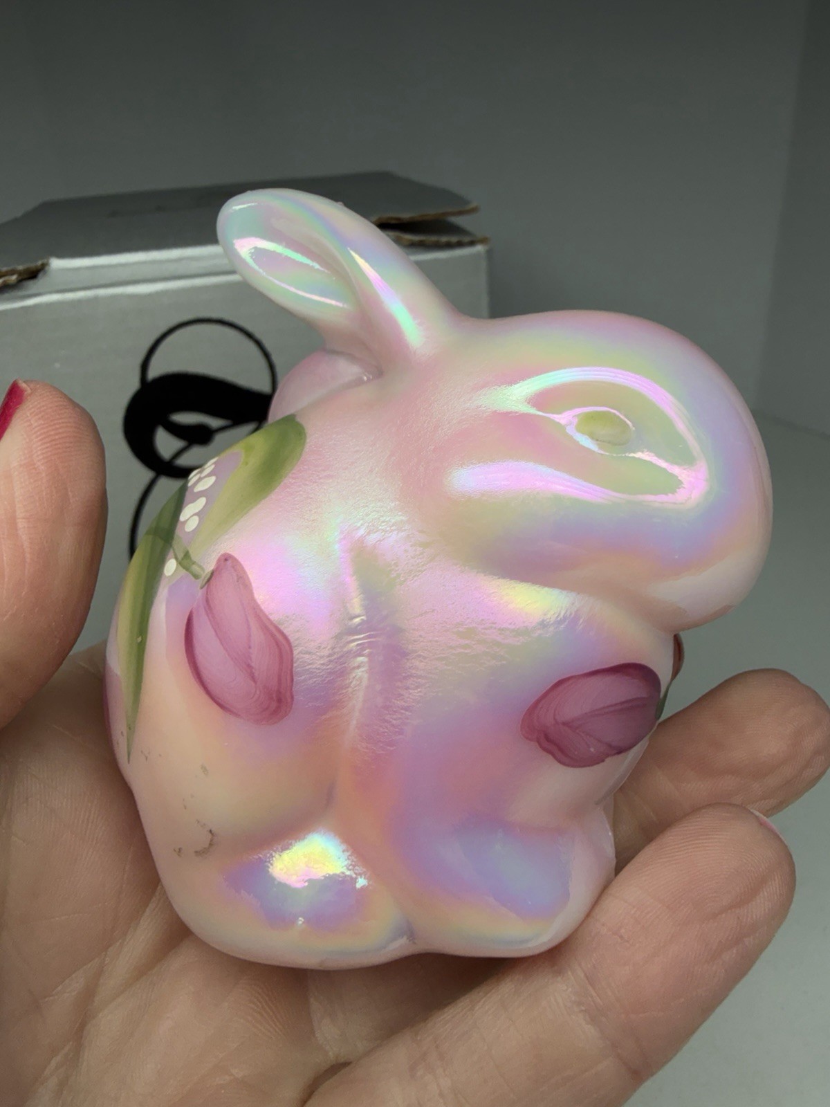 Vintage FENTON Pink Iridescent Hand Painted Glass Bunny Rabbit-Signed With Box