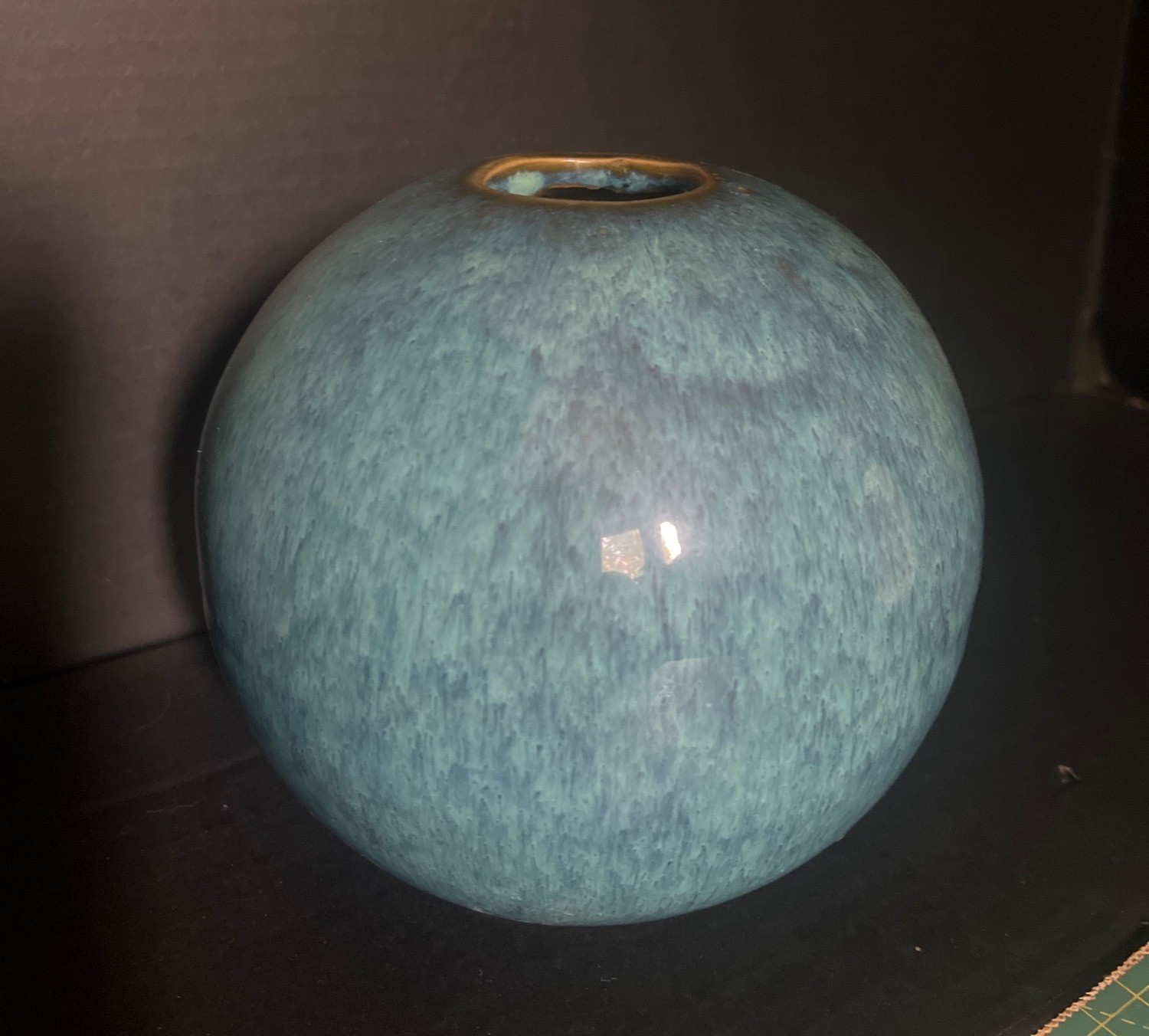 1960s Handmade Ceramic Blue Green Glazed Sphere Pottery MCM Decoration