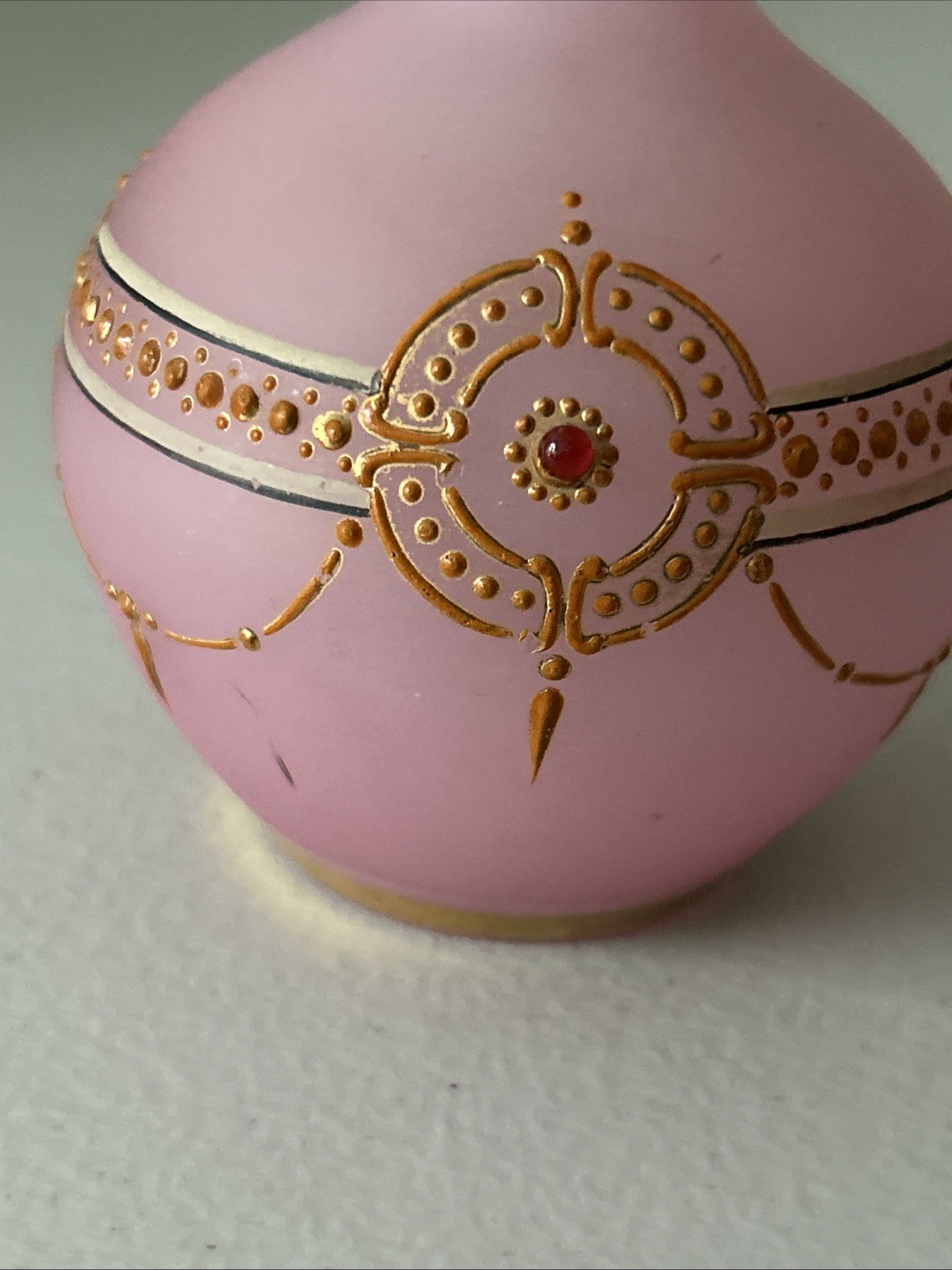 Handblown Pink Satin Glass Bud Vase, Gold accents