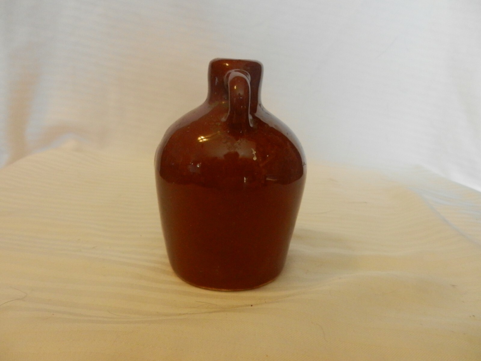Miniature Brown Ceramic Pottery Moonshine Jug With Handle, 4.5″ Tall