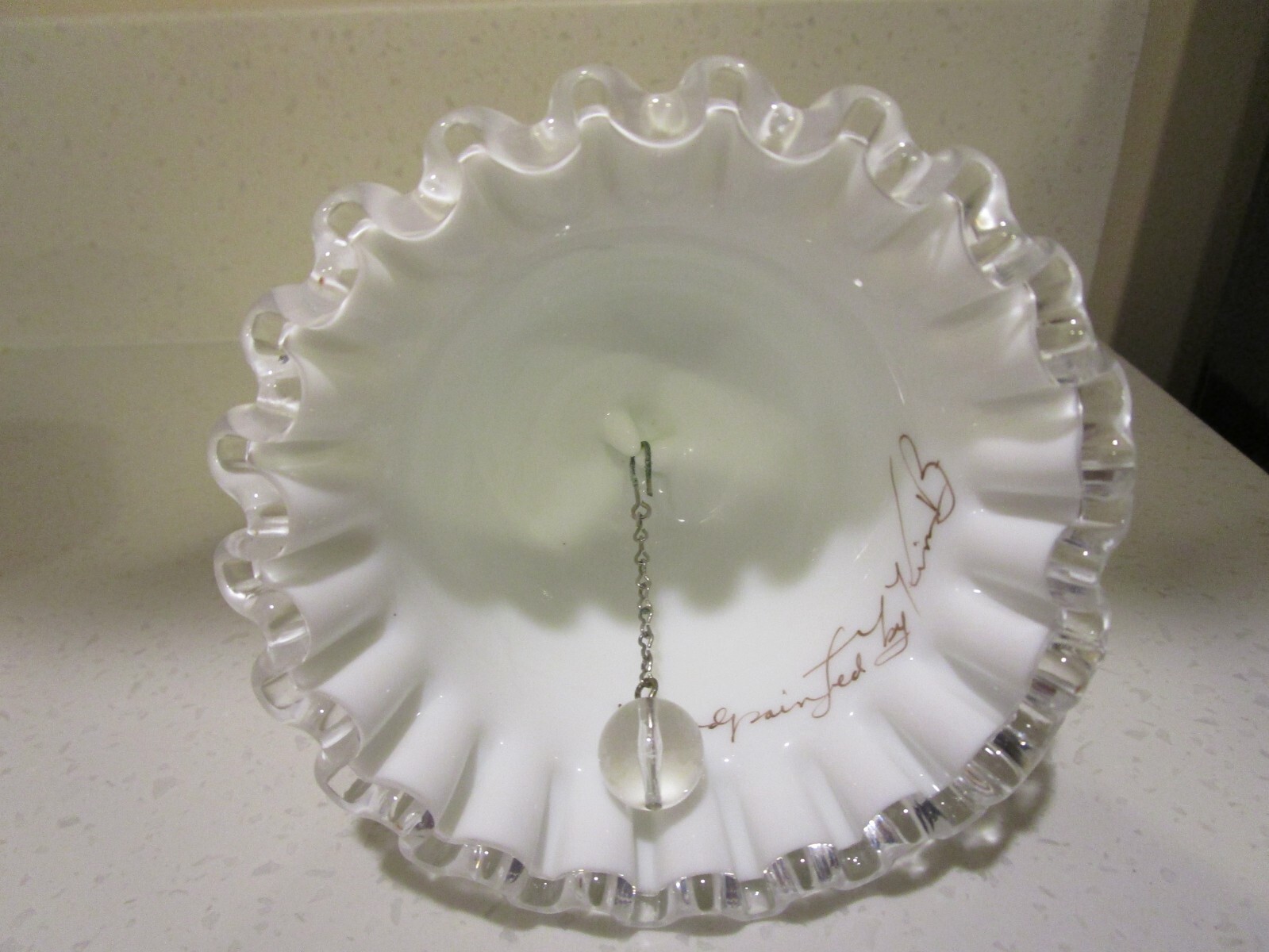 FENTON VIOLETS IN SNOW SPANISH LACE MILK GLASS BELL SIGNED