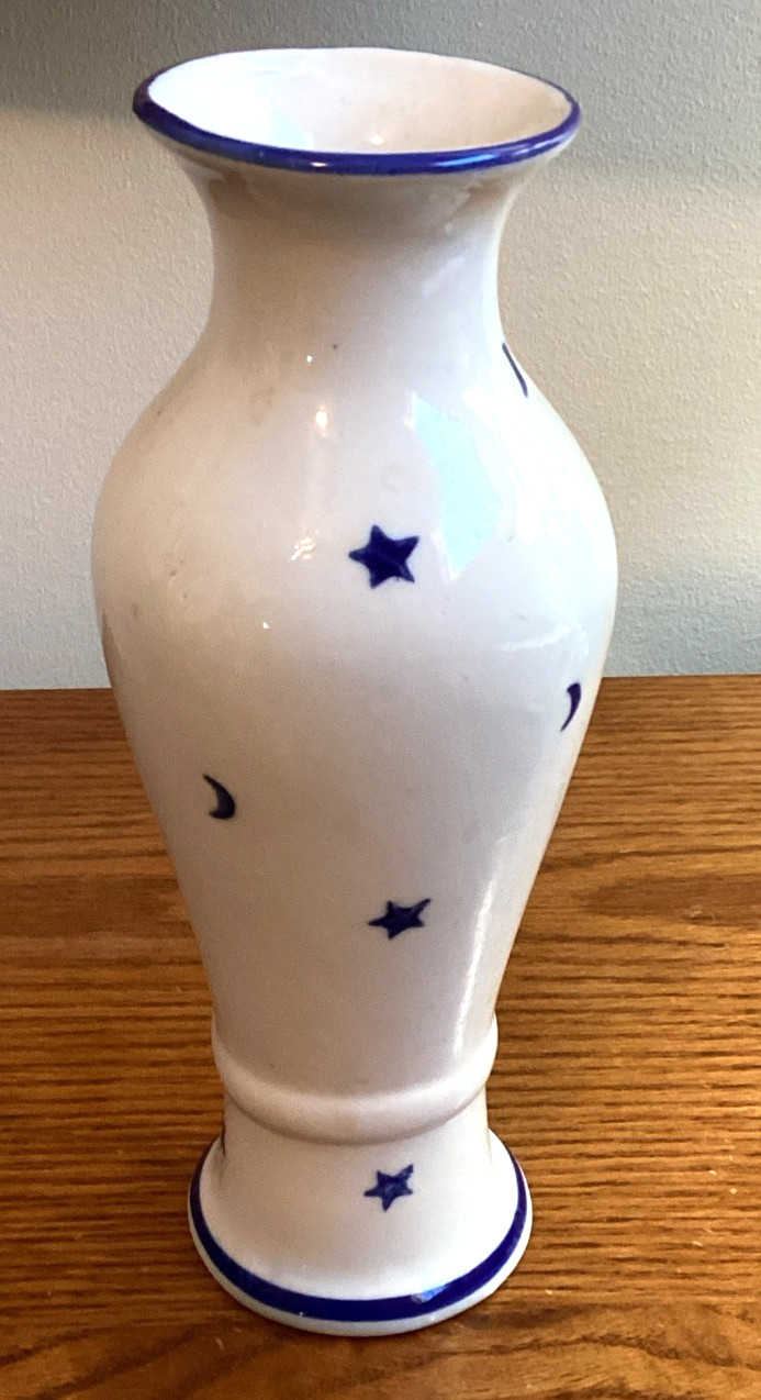 Moon Face Celestial Rare Unique Ceramic Vase Whimsy Abstract Art Stars 8” Tall