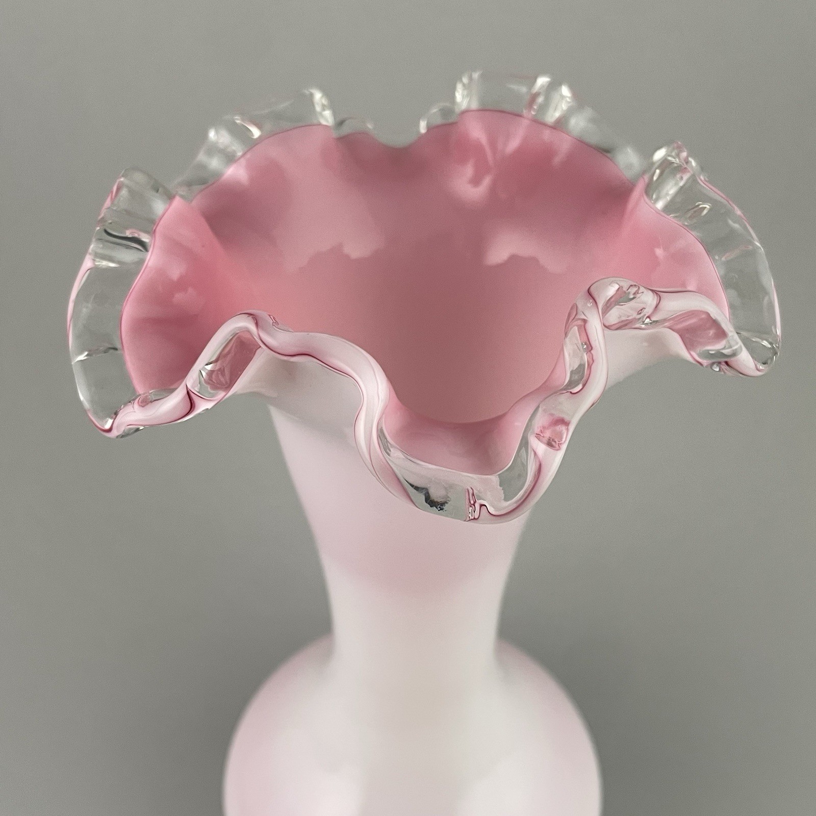 Vintage Fenton Peach Crest Vase Double Crimped Ruffled White Pink Cased Glass