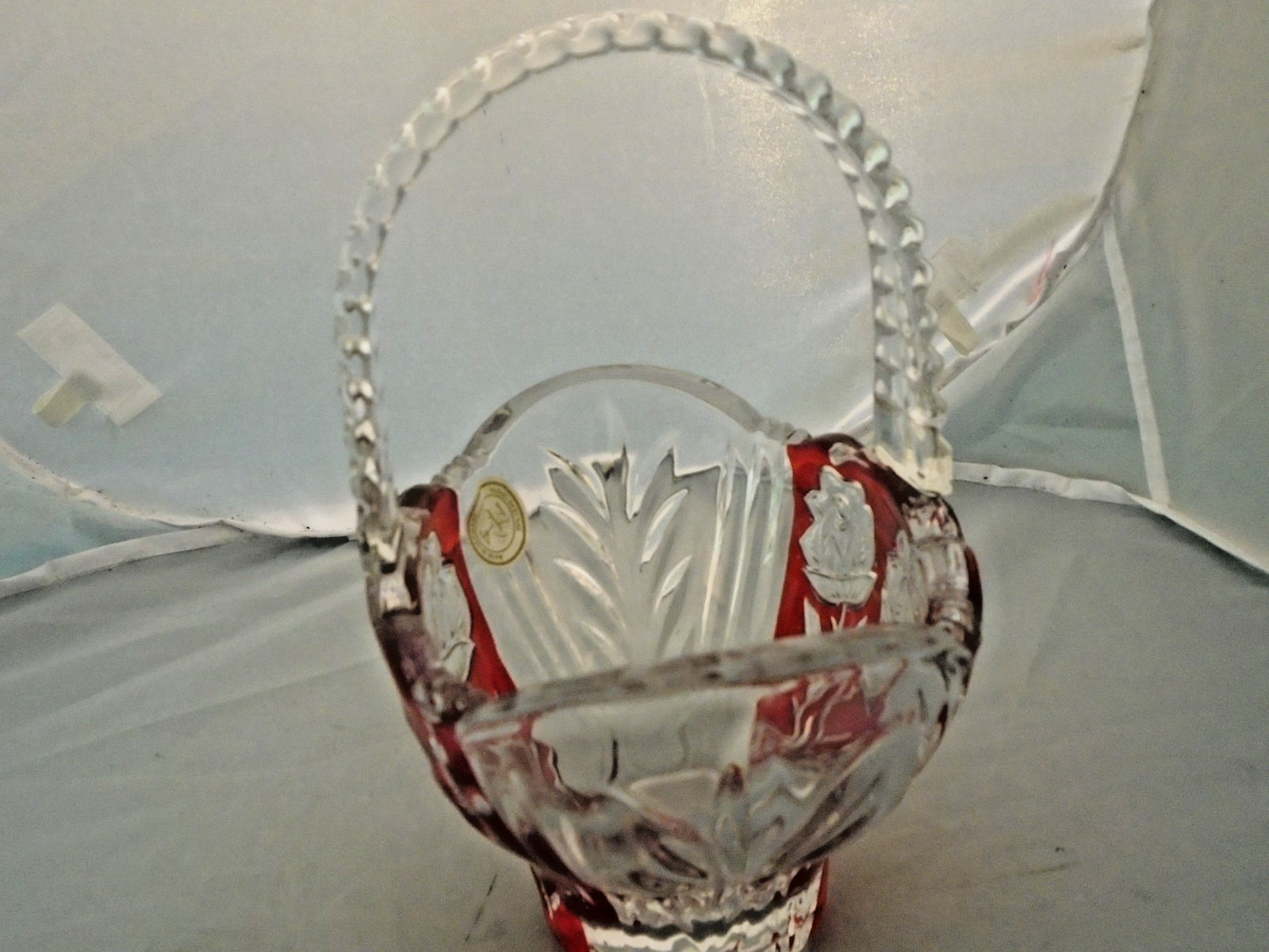 Vintage German Bohemian Glass Red to Clear Cut Crystal Basket W/ Flowers