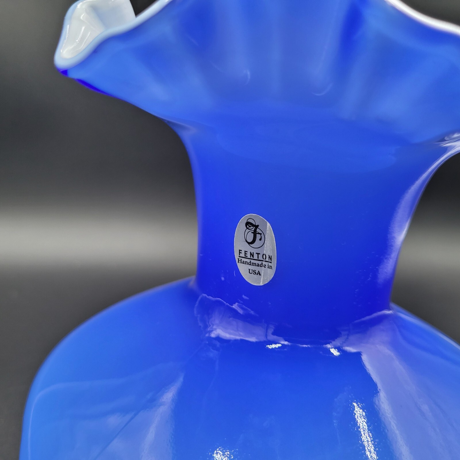 Fenton Canaan Valley Vase Milk Glass with Cobalt Casing Ruffled Crimped Stamped