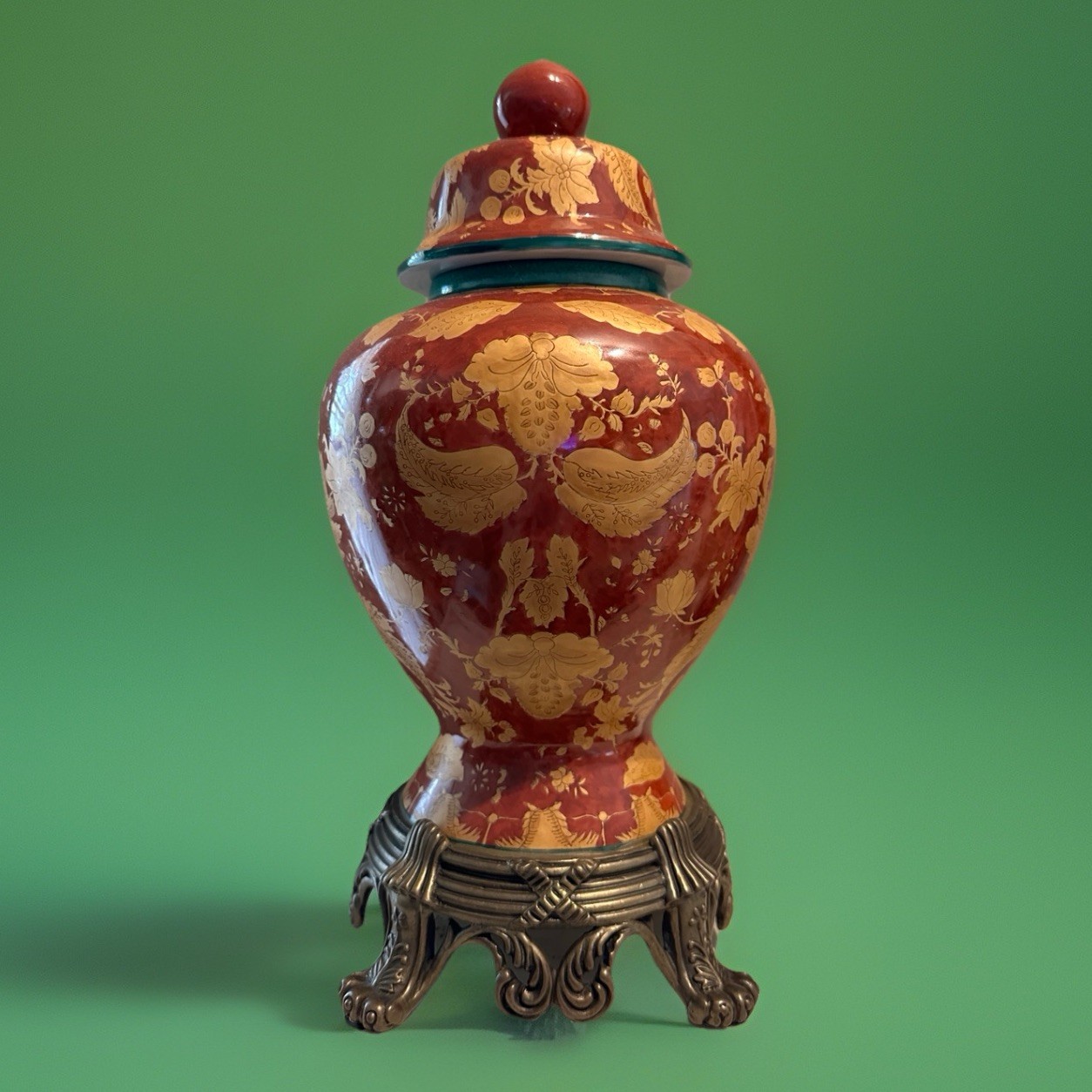 Mark Roberts Vintage Urn Ginger Jar With Lid 14” Red Gold Floral Motif Pedestal