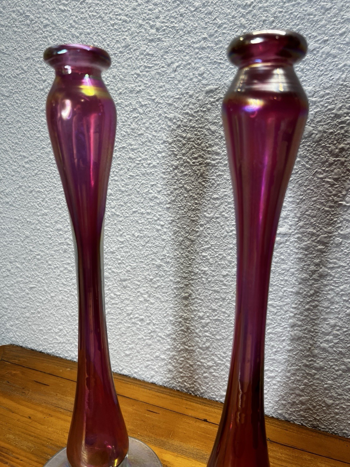 Silvestri Mouth Blown Glass Candlesticks Pink Iridescent Pair Taper Holders