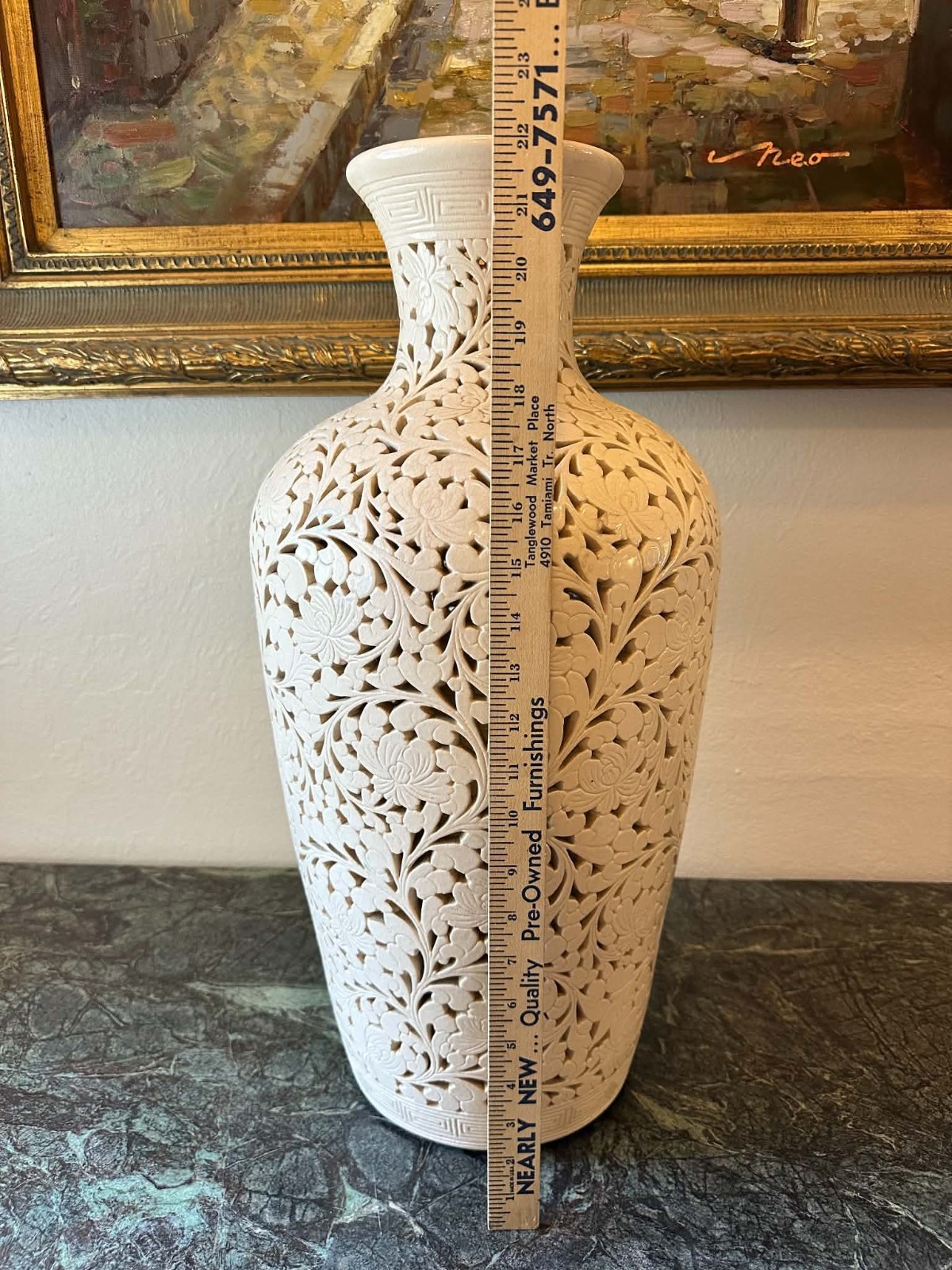 Large 22″ Chinese Pierced Reticulated Blanc De Chine Floor Vase White Ceramic
