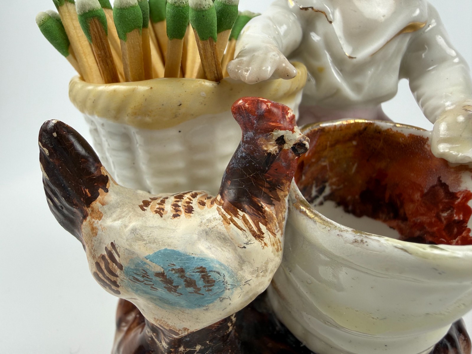 Antique Germany Conta Boehme Porcelain Match holder planter boy chicken figurine