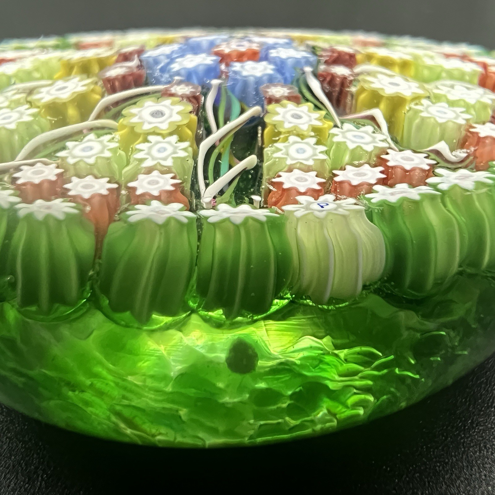Vintage Perthshire Art Glass Paperweight Millefiori 8 Spoke Green Ground 2.5”