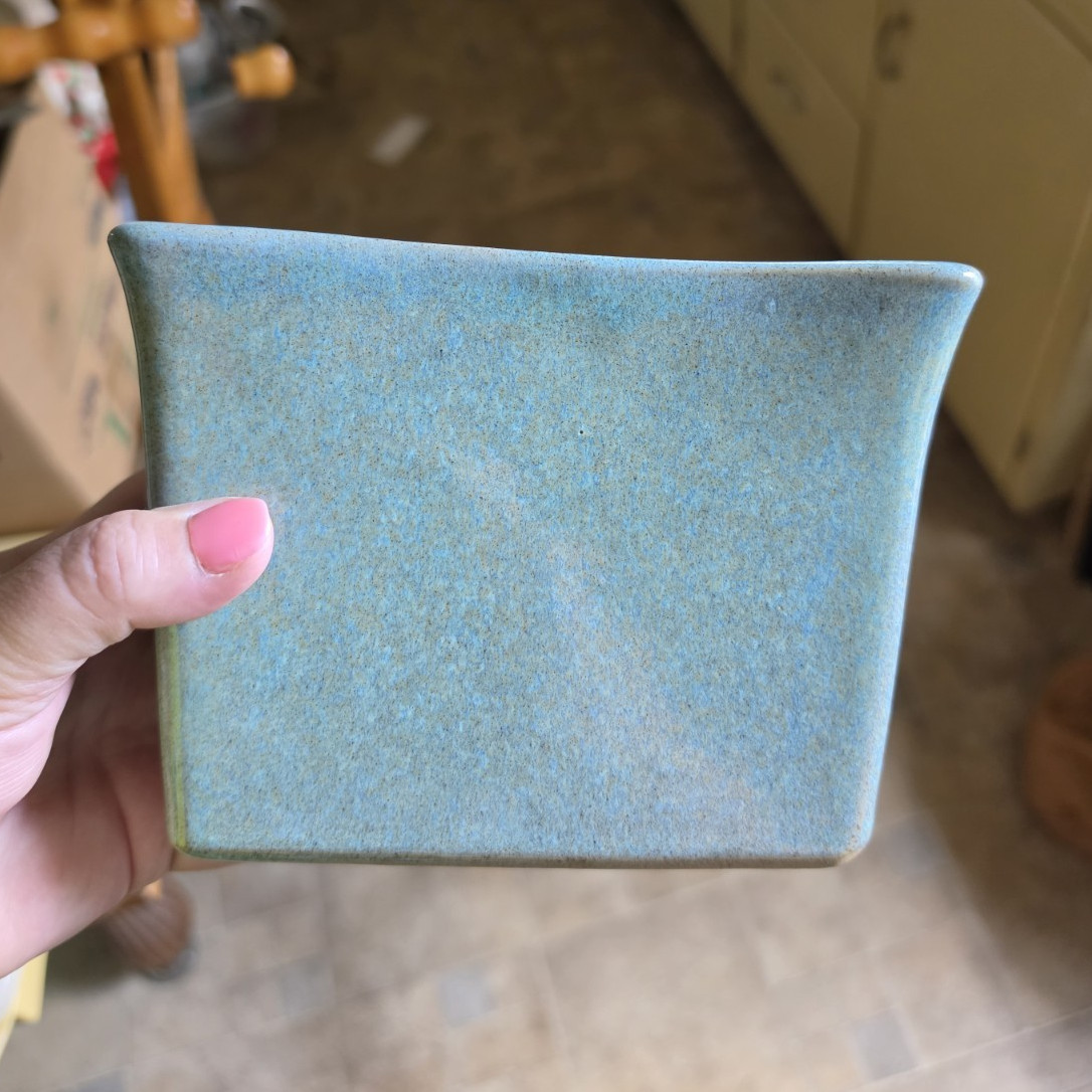 Glidden 128P Blue Rectangular Ceramic Planter Pot w/ Drip Tray, Incised Mark