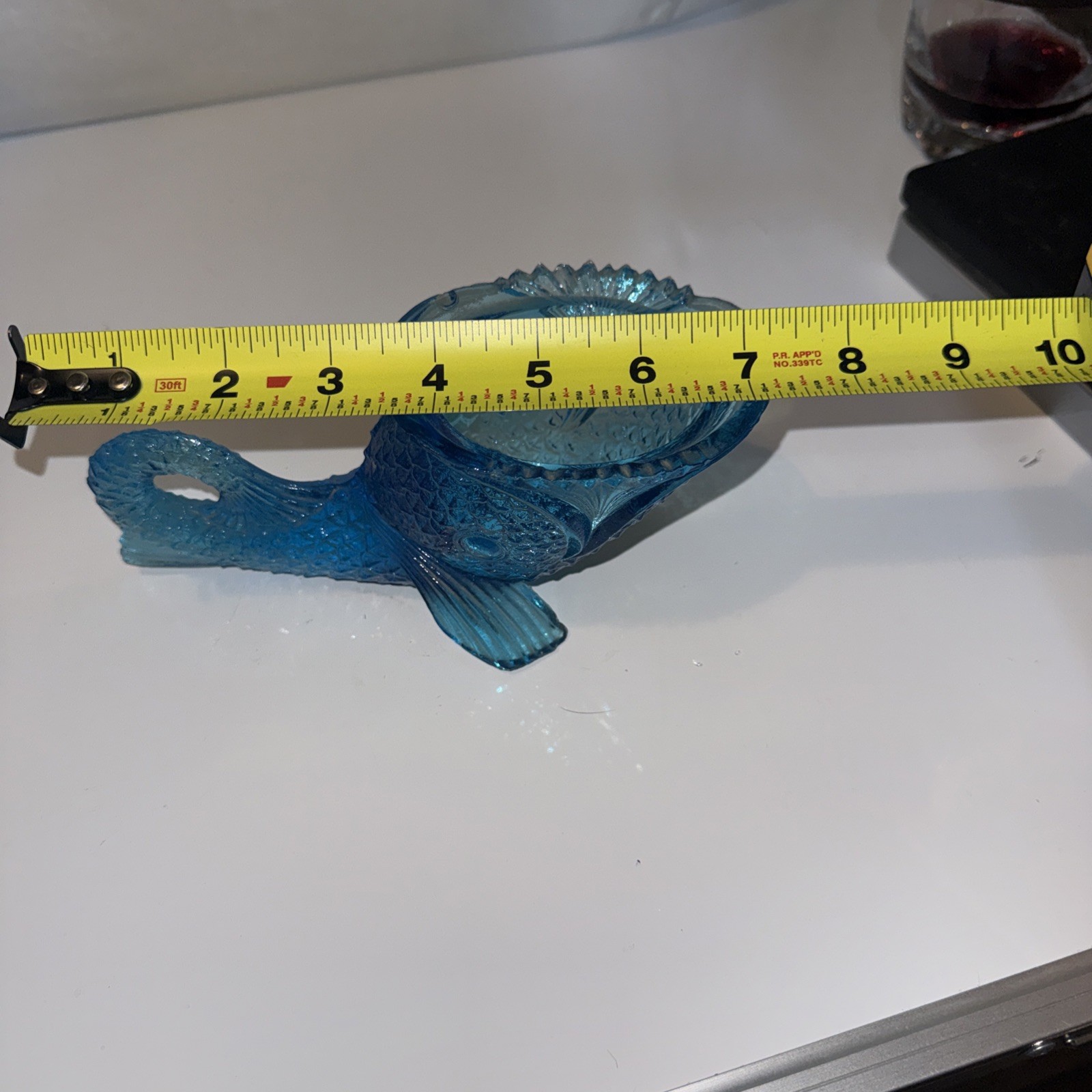 Teal Blue gGlass Fish Container Koi Shaped *No Lid Scale Pattern Rare