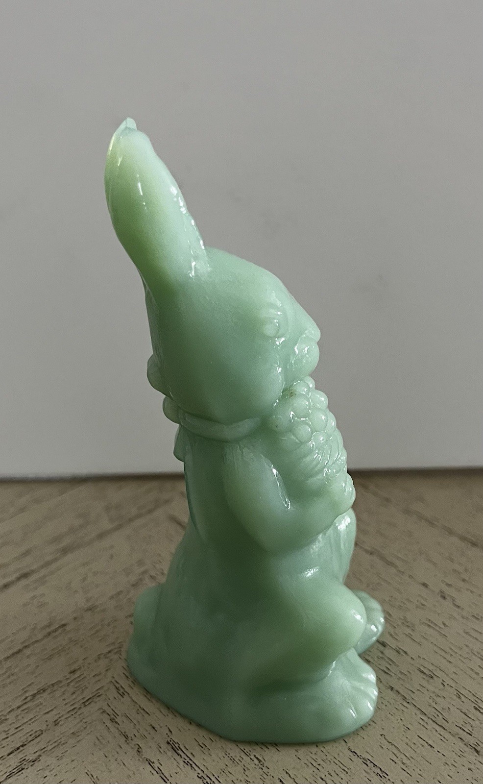 Mosser Glass Green Jade Jadite Glass Bunny Rabbit Holding Basket 5.5”H