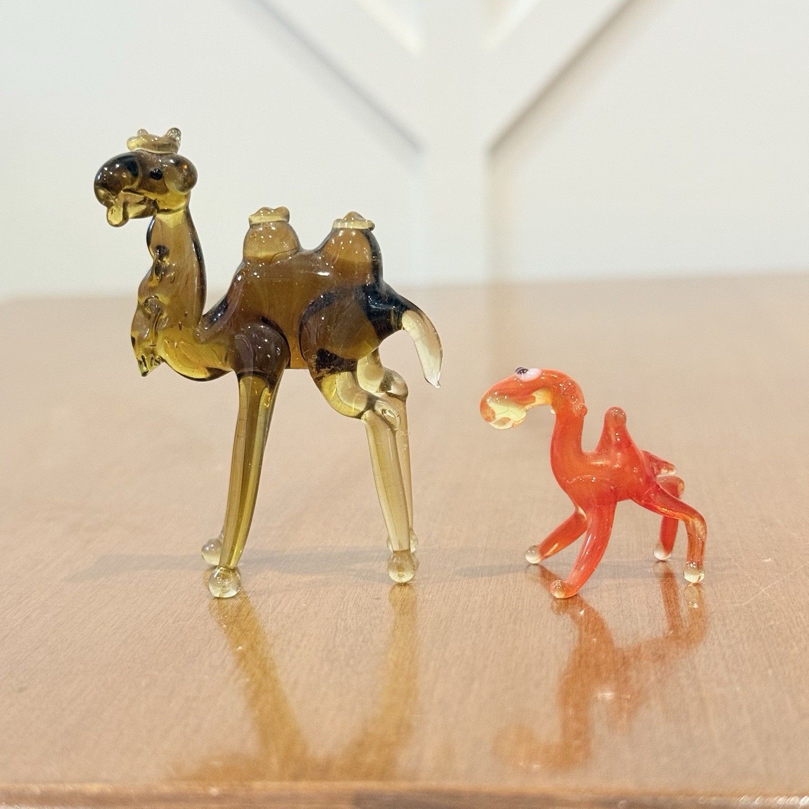 Hand Blown Art Glass Camel Figurine Set Of 2 Brown Orange Mini Trinket Shelf