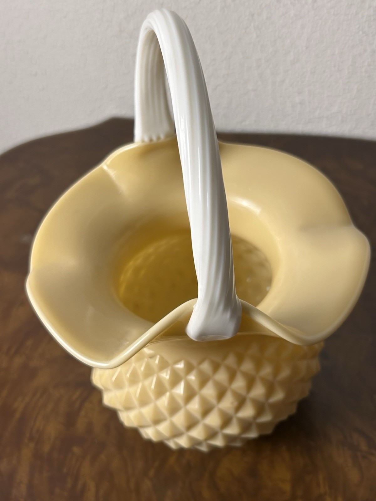 Yellow Diamond Point Milk Glass Basket w/Fluted Top & White Twisted Handle VTG