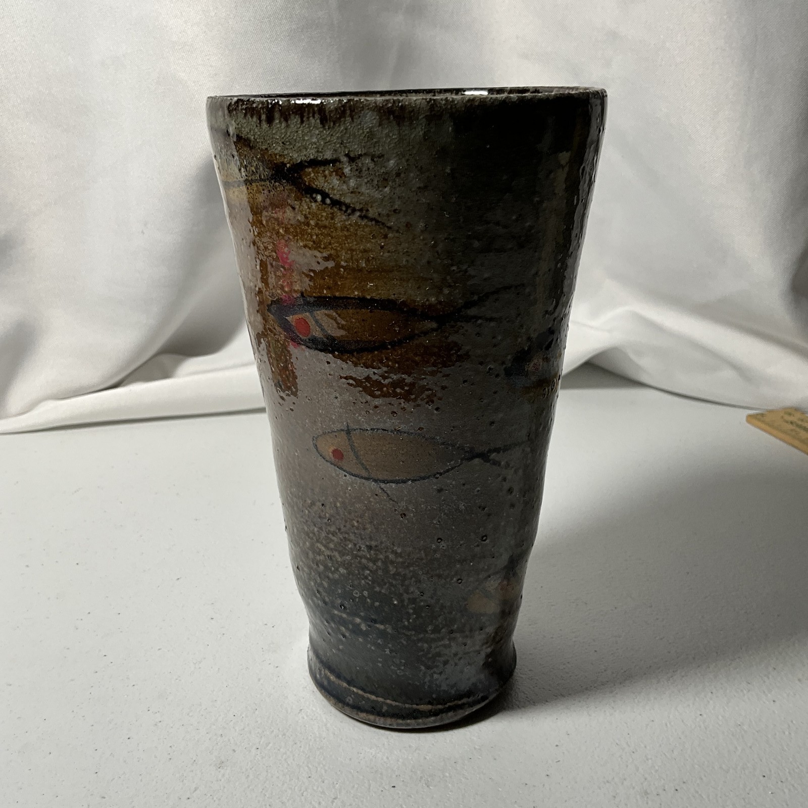 Handmade Studio Art Pottery Vase Rustic Fish Pattern Earth Tones 7″ Tall Vessel